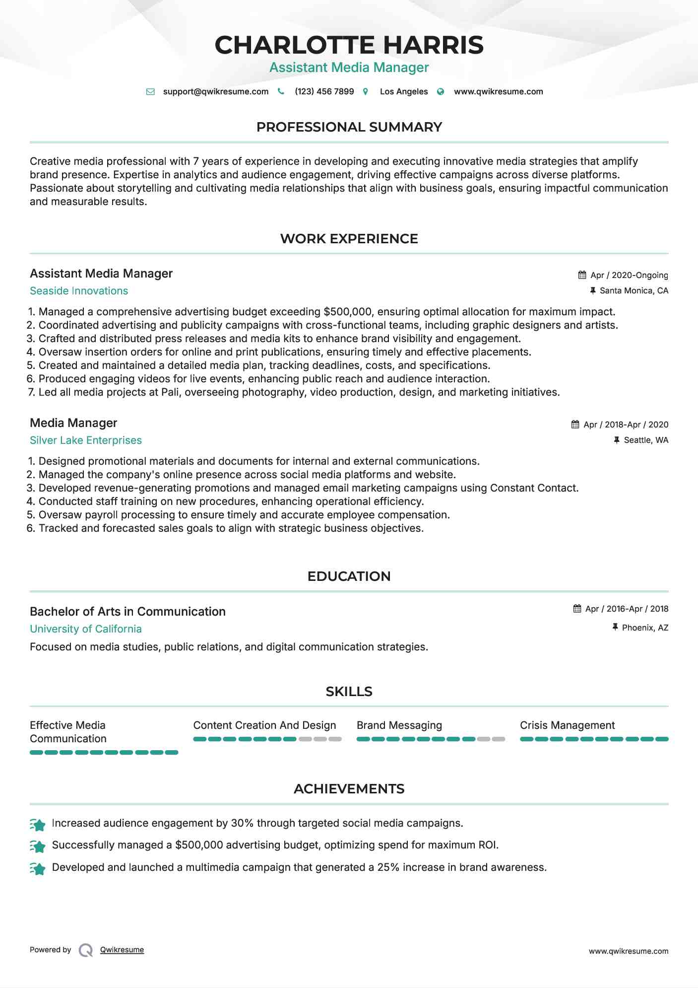 Assistant Media Manager Resume Example