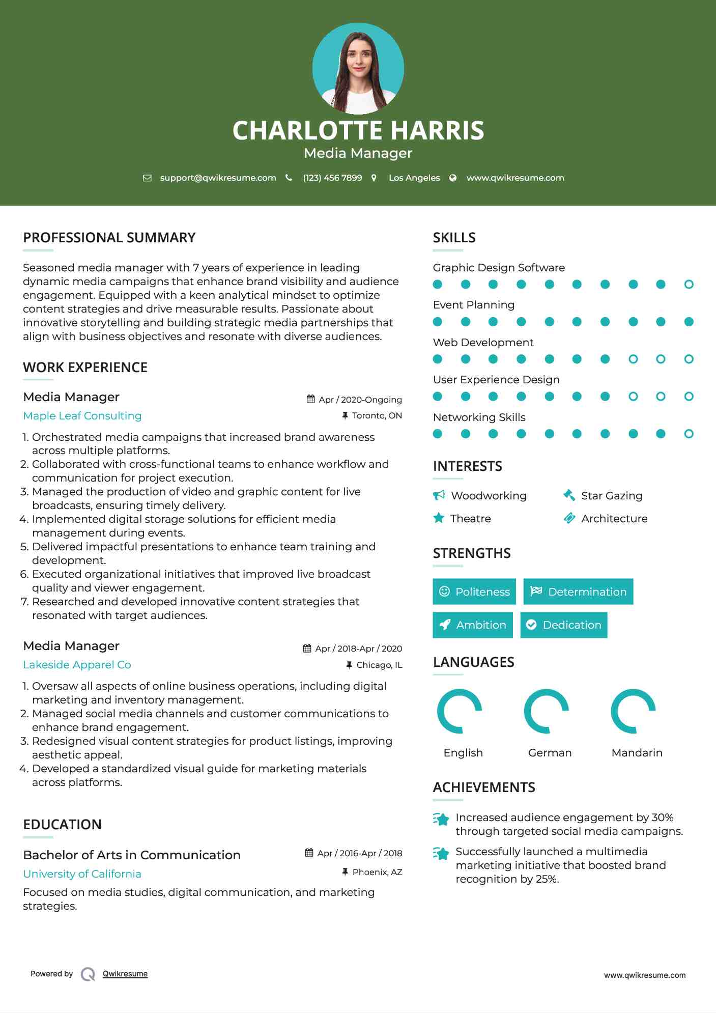 Media Manager Resume Model