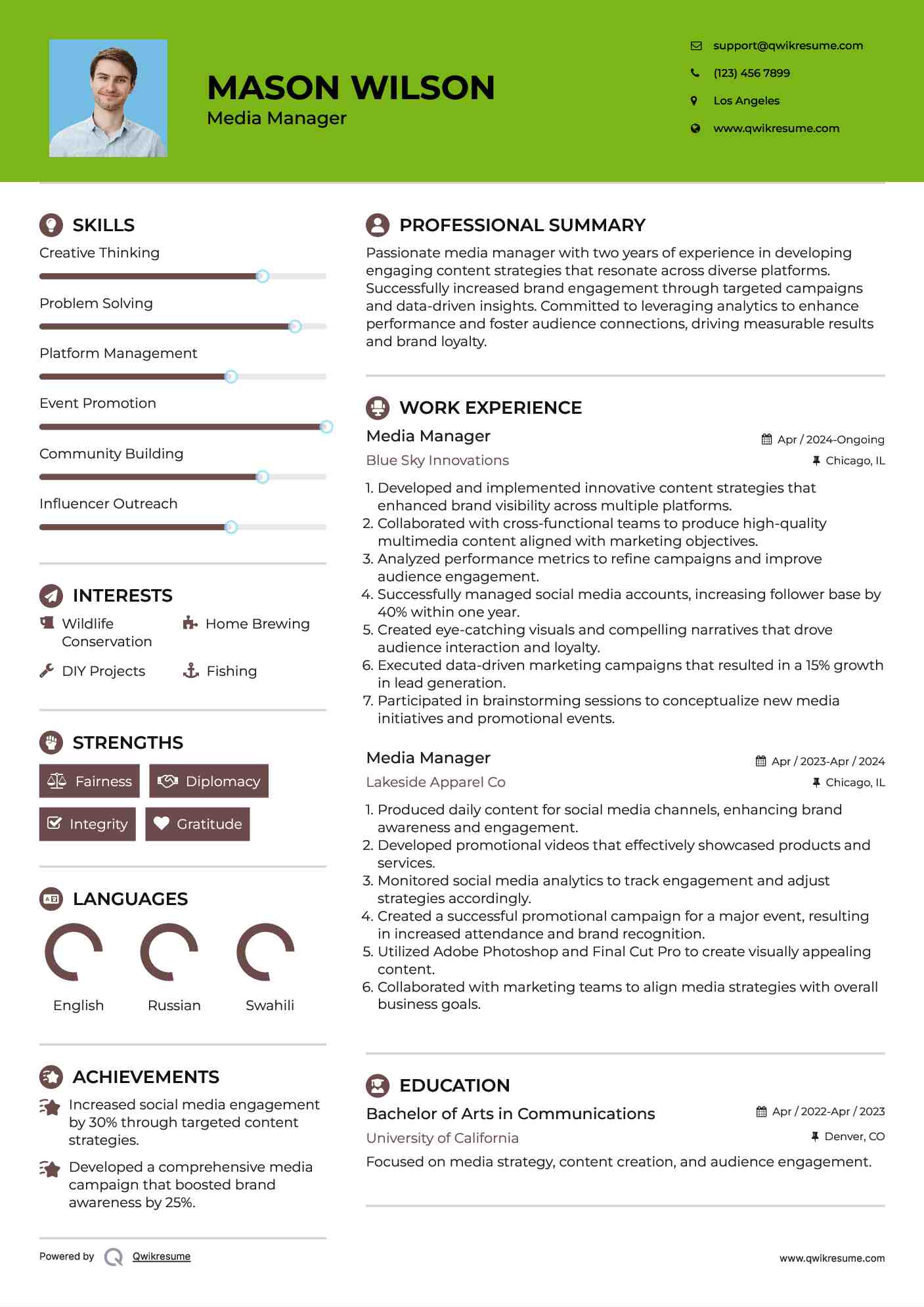 Media Manager Resume Template