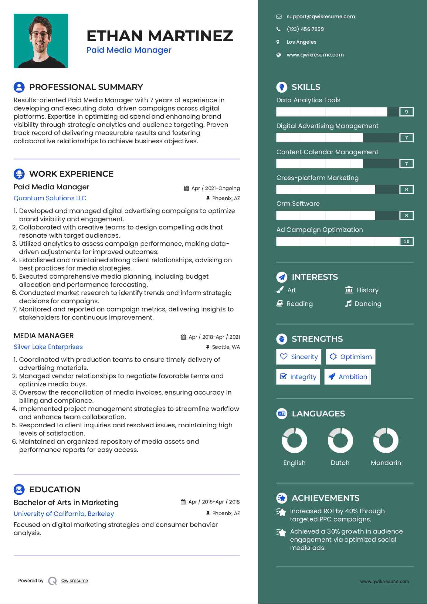 Paid Media Manager Resume Template