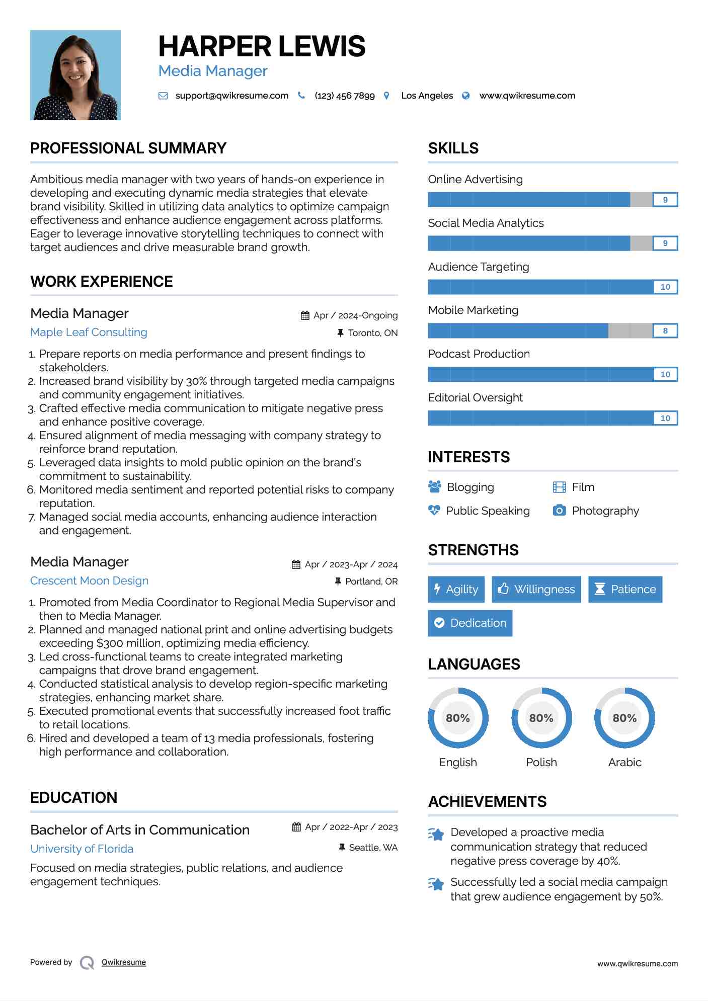 Media Manager Resume Example