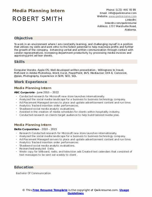Media Planning Intern Resume Samples QwikResume