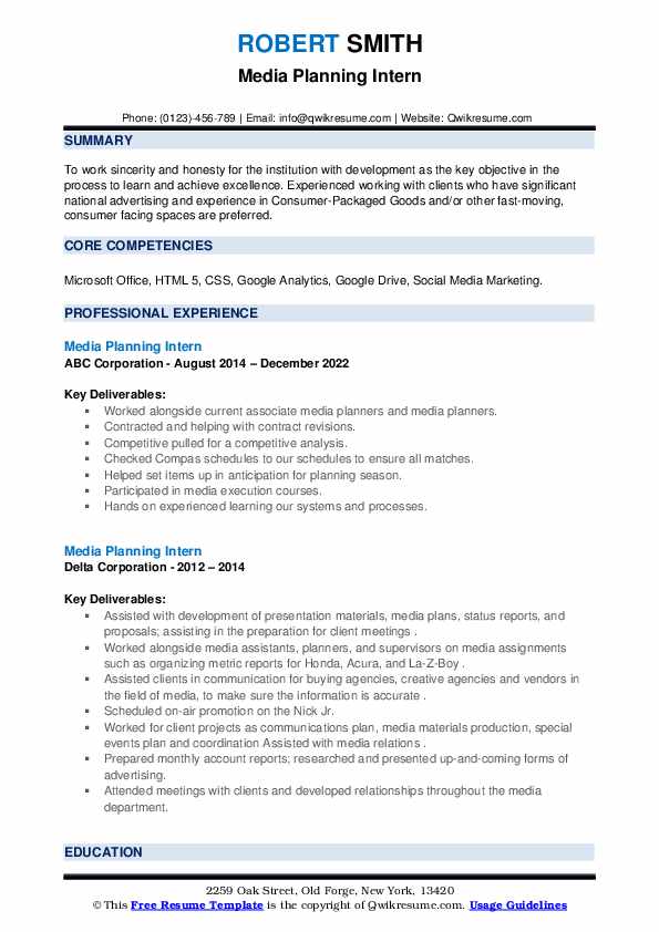 Media Planning Intern Resume Samples QwikResume