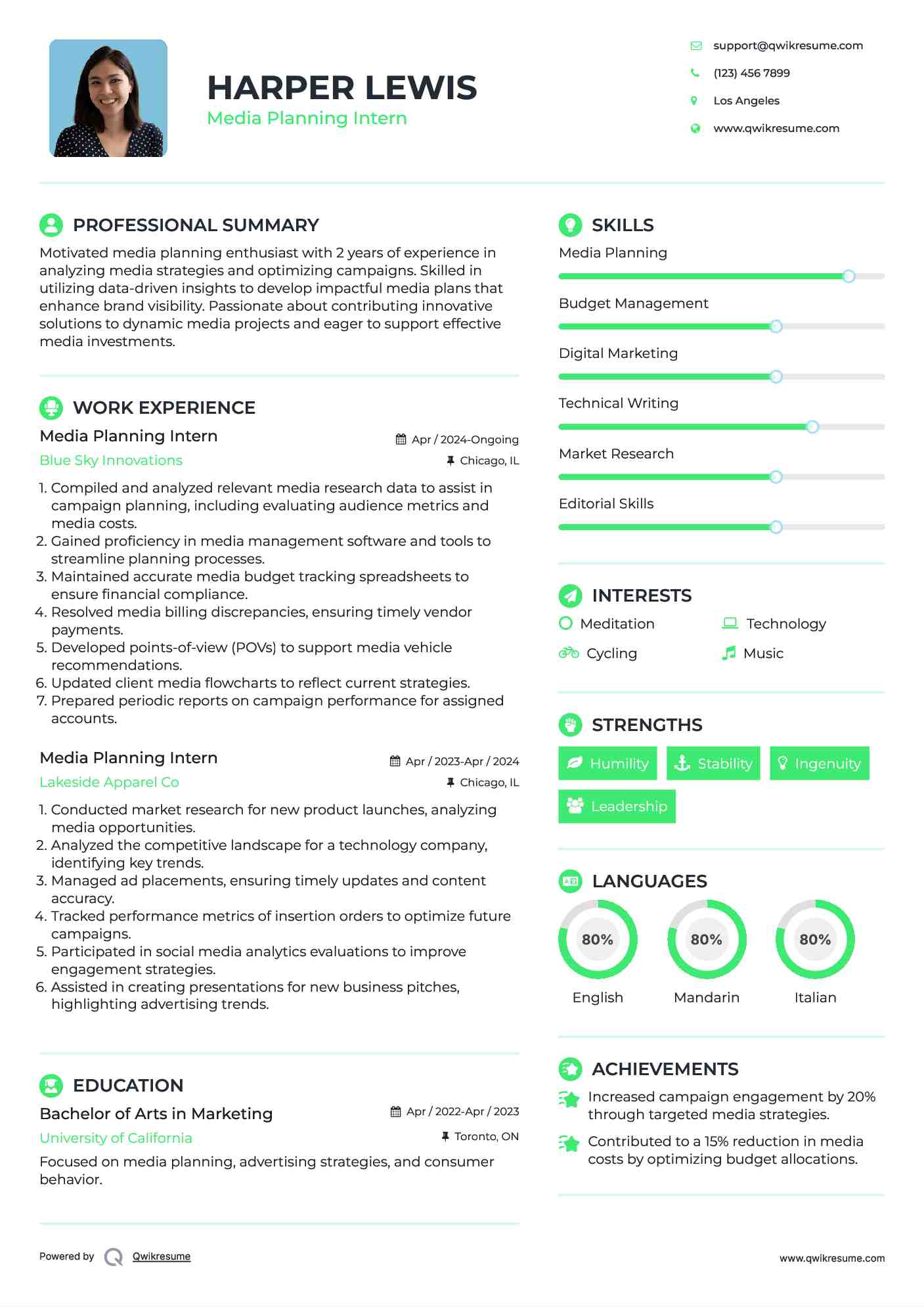 Media Planning Intern Resume Model