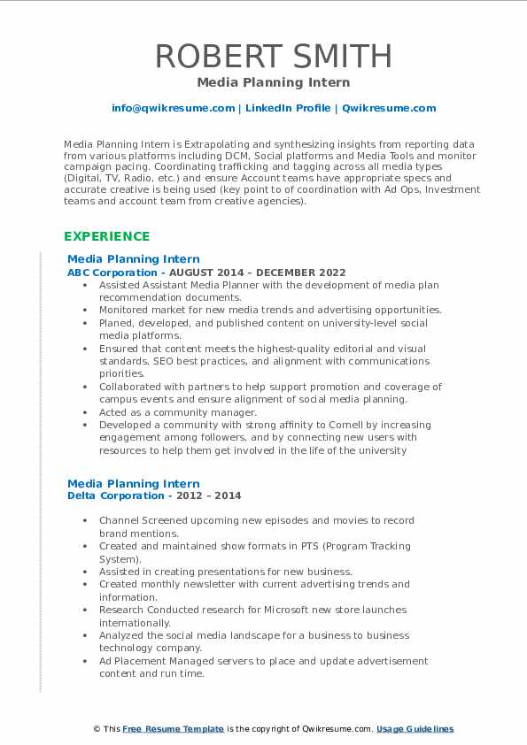Media Planning Intern Resume Samples QwikResume