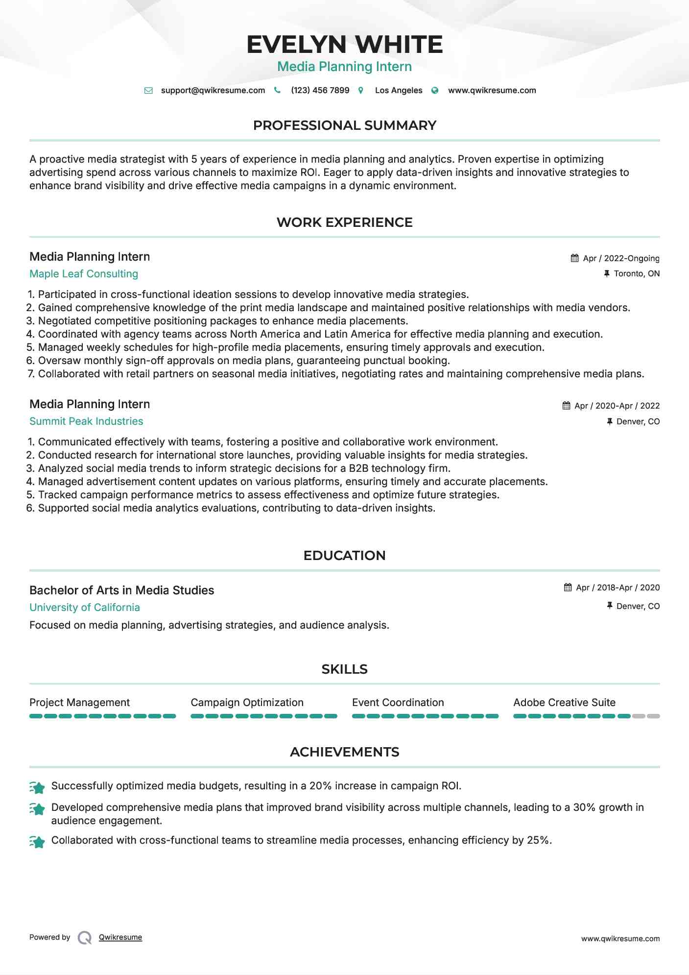 Media Planning Intern Resume Template