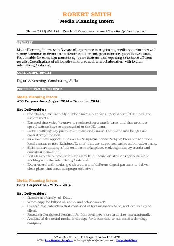 Media Planning Intern Resume Samples QwikResume