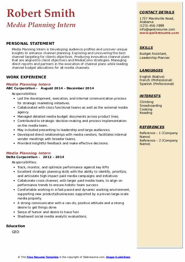 Media Planning Intern Resume Samples QwikResume