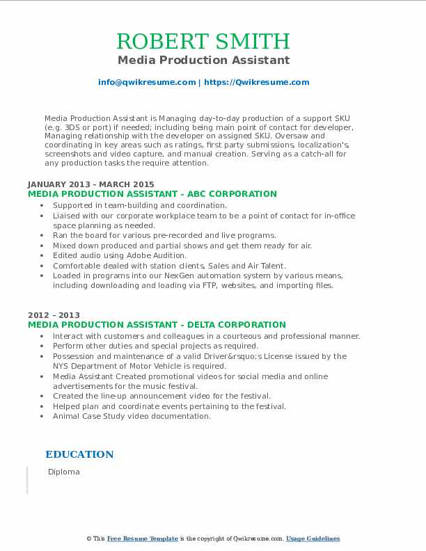 Media Production Assistant Resume - Media Production Assistant 1664720261 Pdf