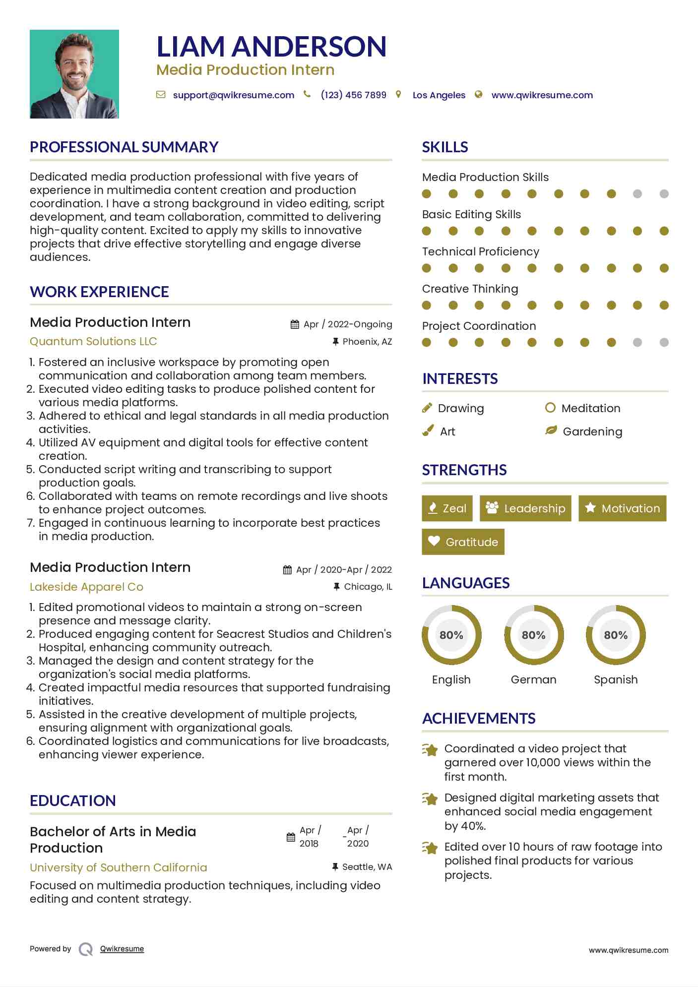 Media Production Intern Resume Template