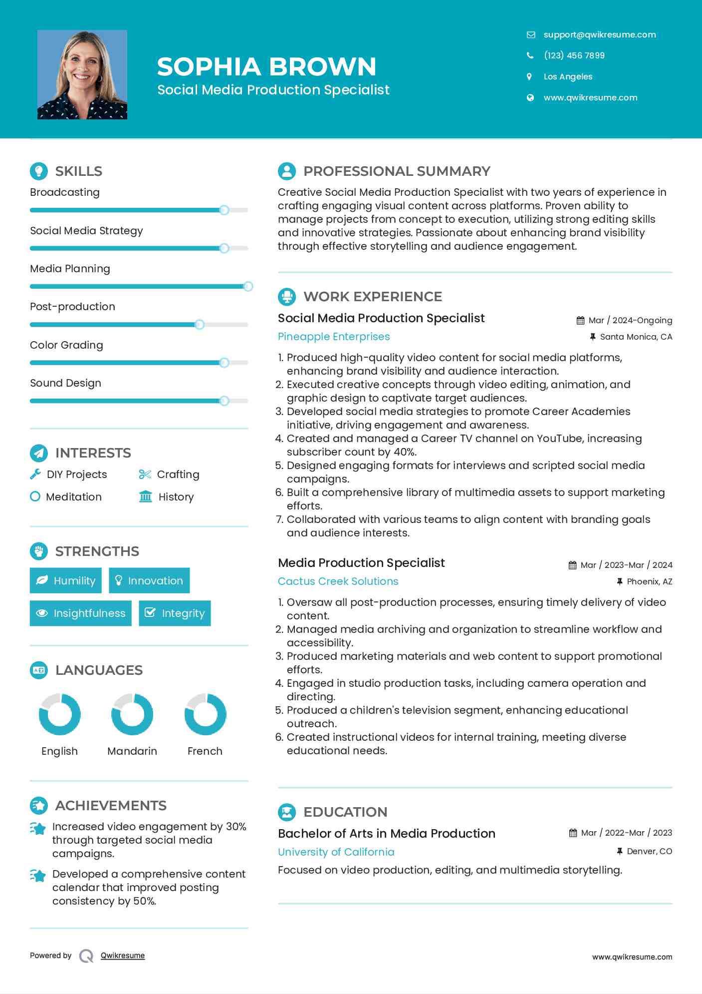 Social Media Production Specialist
 Resume Sample