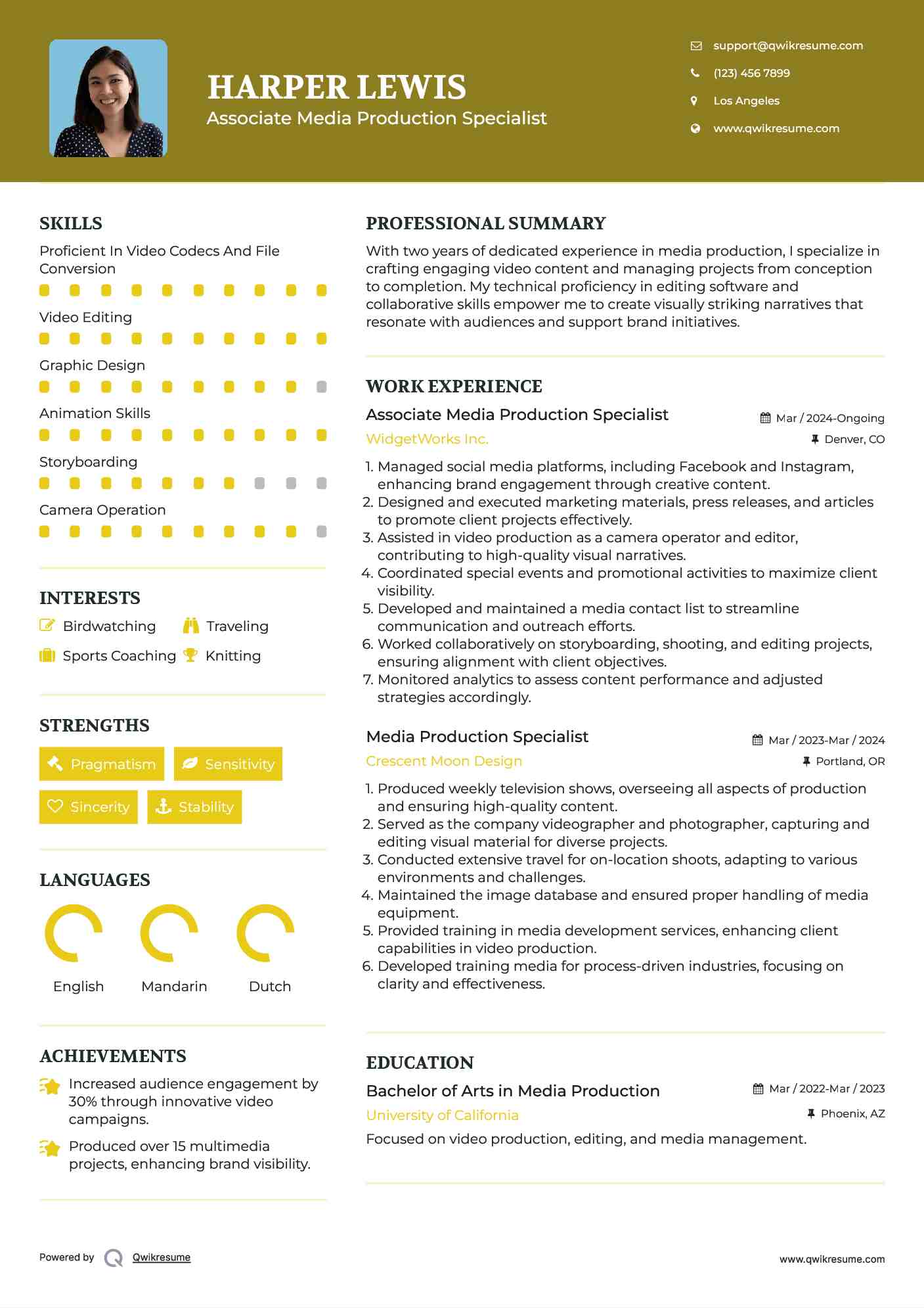 Associate Media Production Specialist Resume Model