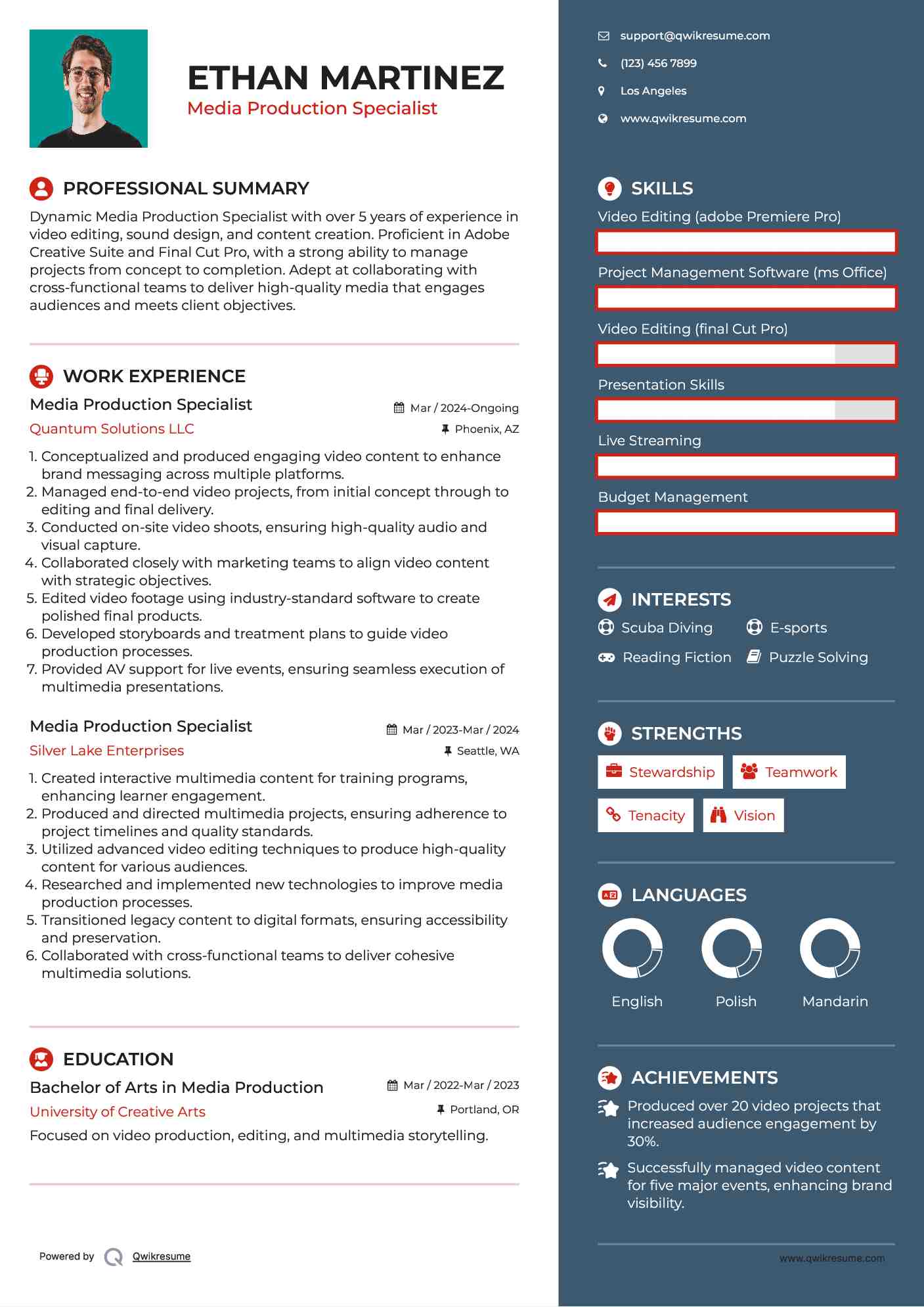 Media Production Specialist Resume Example