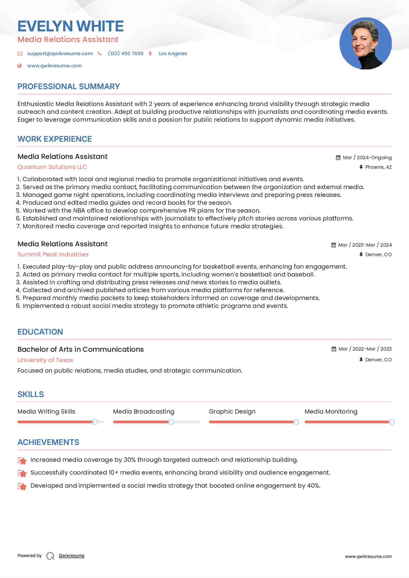 Media Relations Assistant Resume Sample