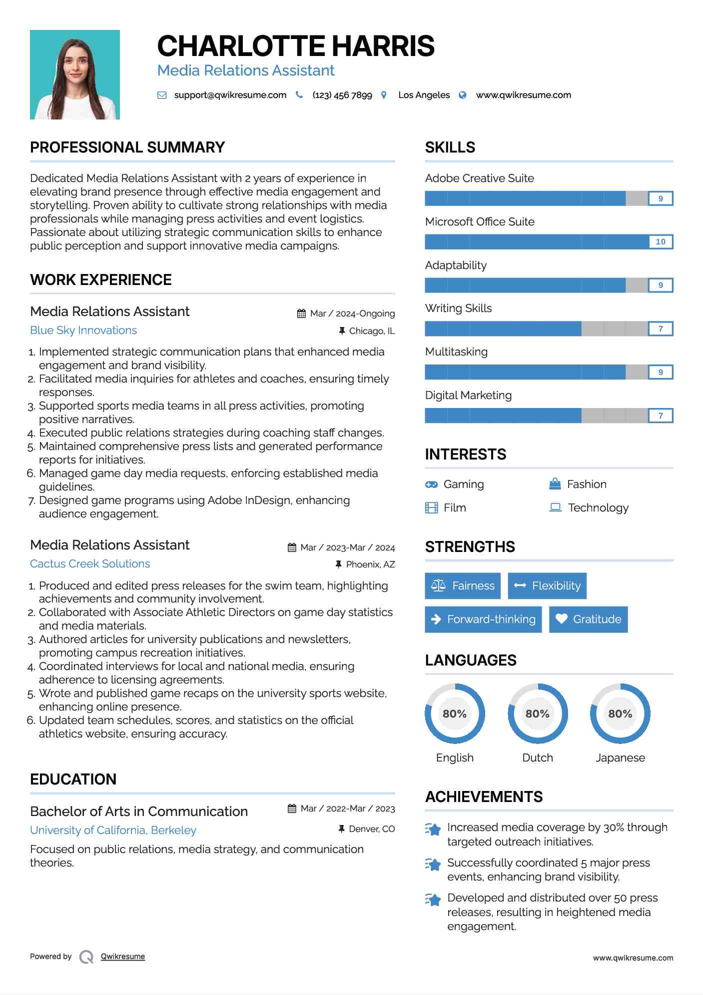 Media Relations Assistant Resume Sample