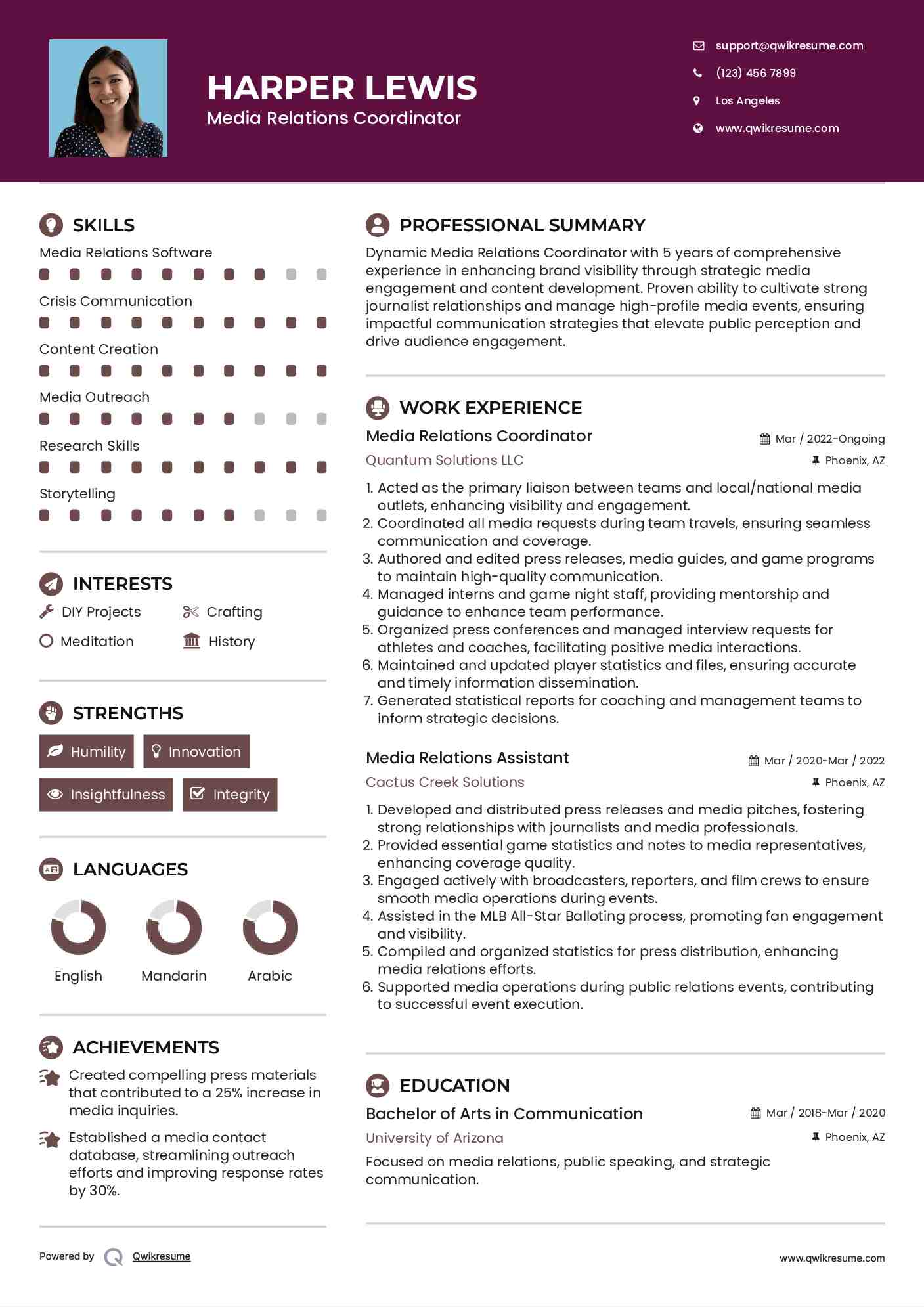 Media Relations Coordinator Resume Template