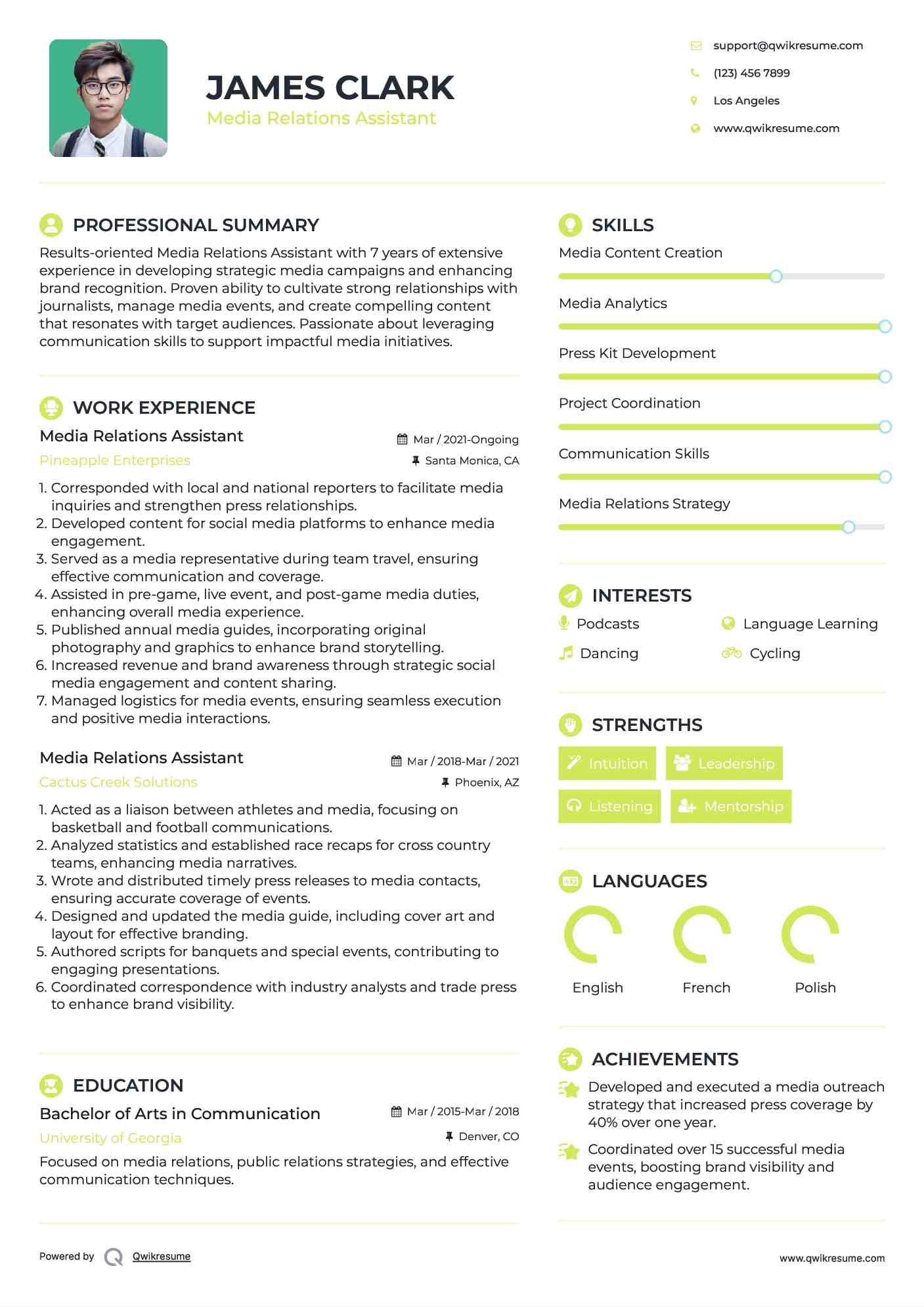Media Relations Assistant Resume Template