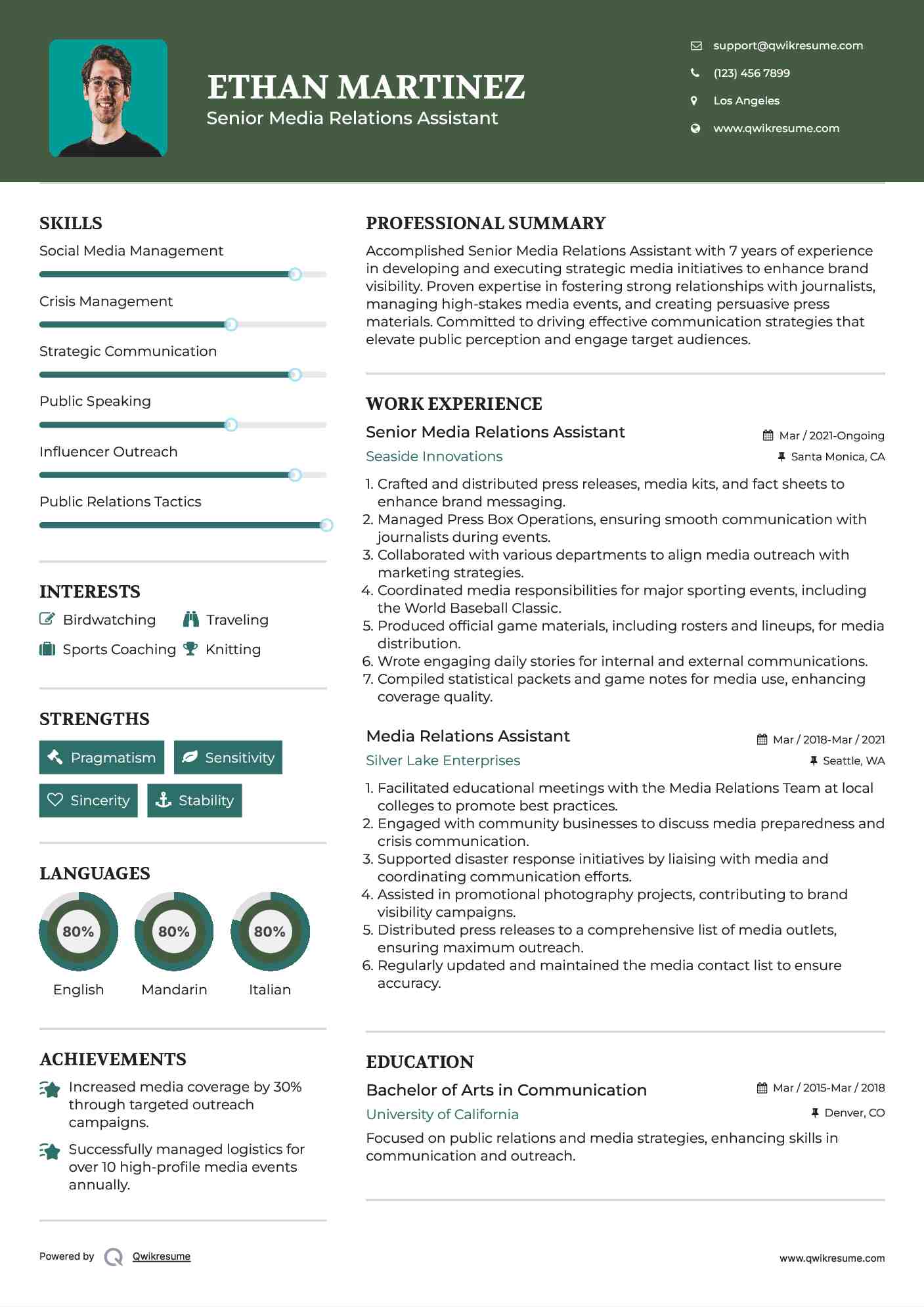 Senior Media Relations Assistant Resume Example