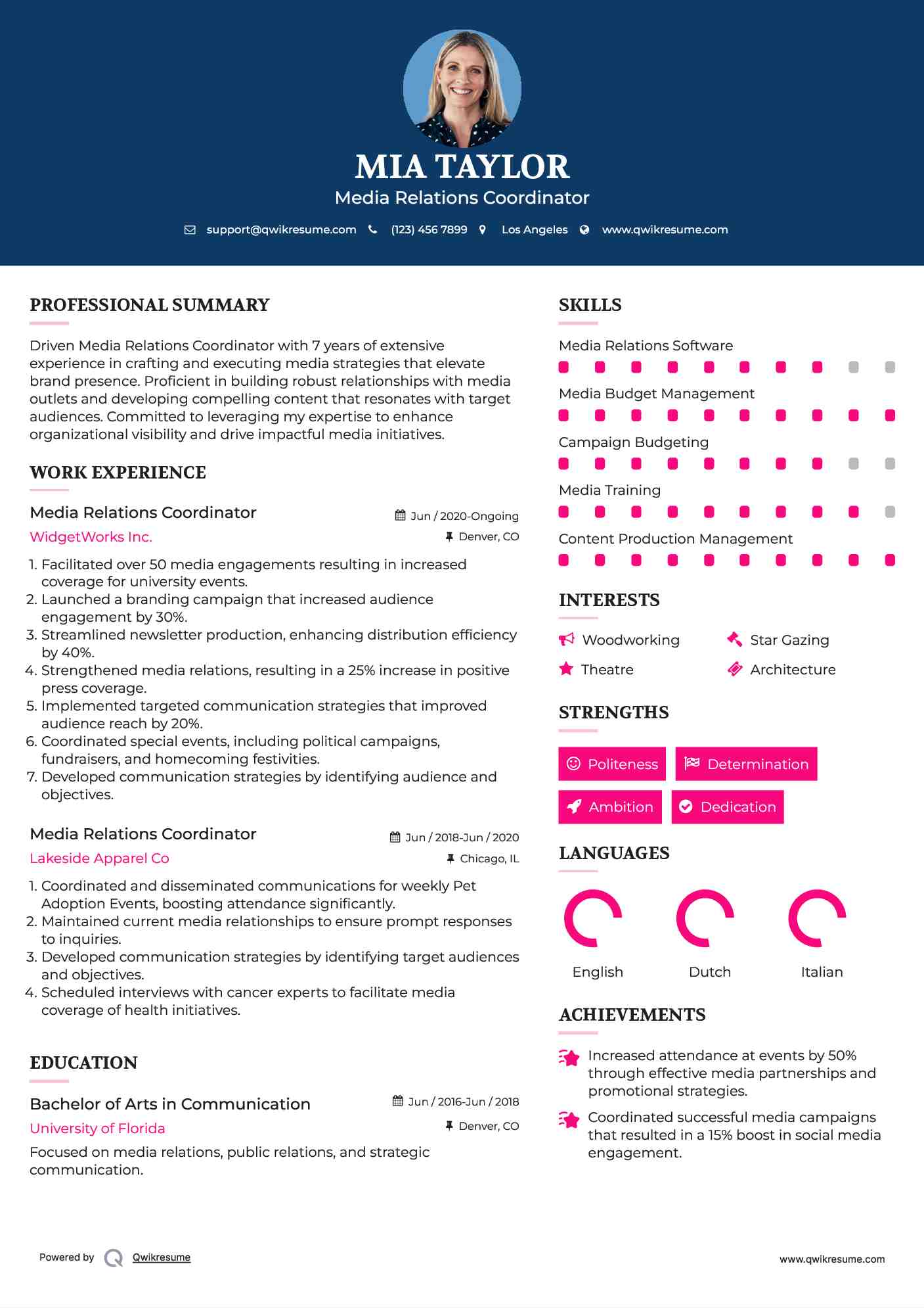 Media Relations Coordinator Resume Model