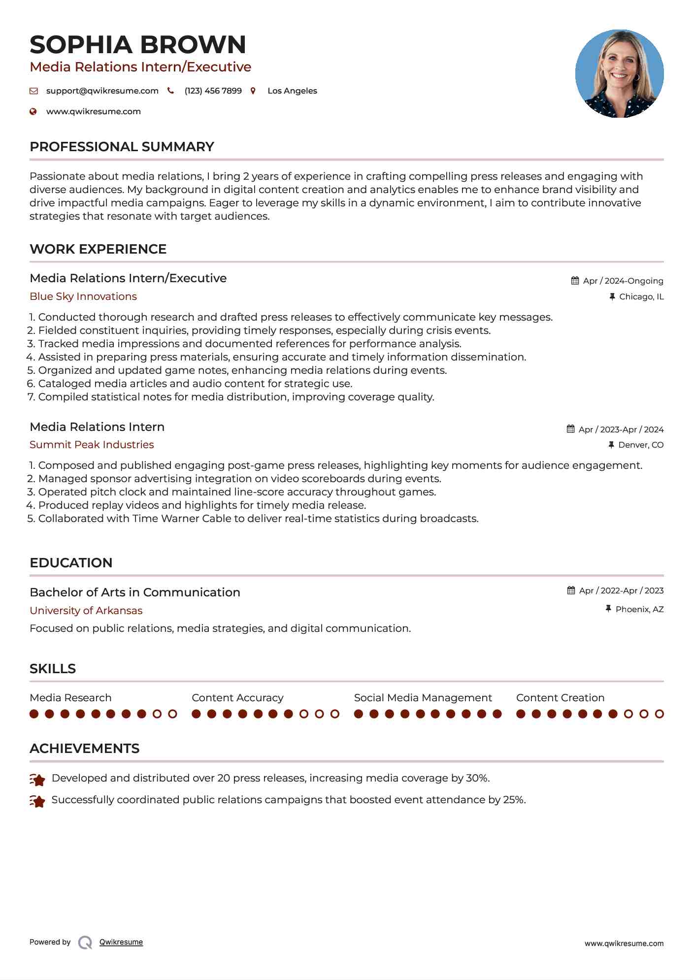 Media Relations Intern/Executive Resume Template