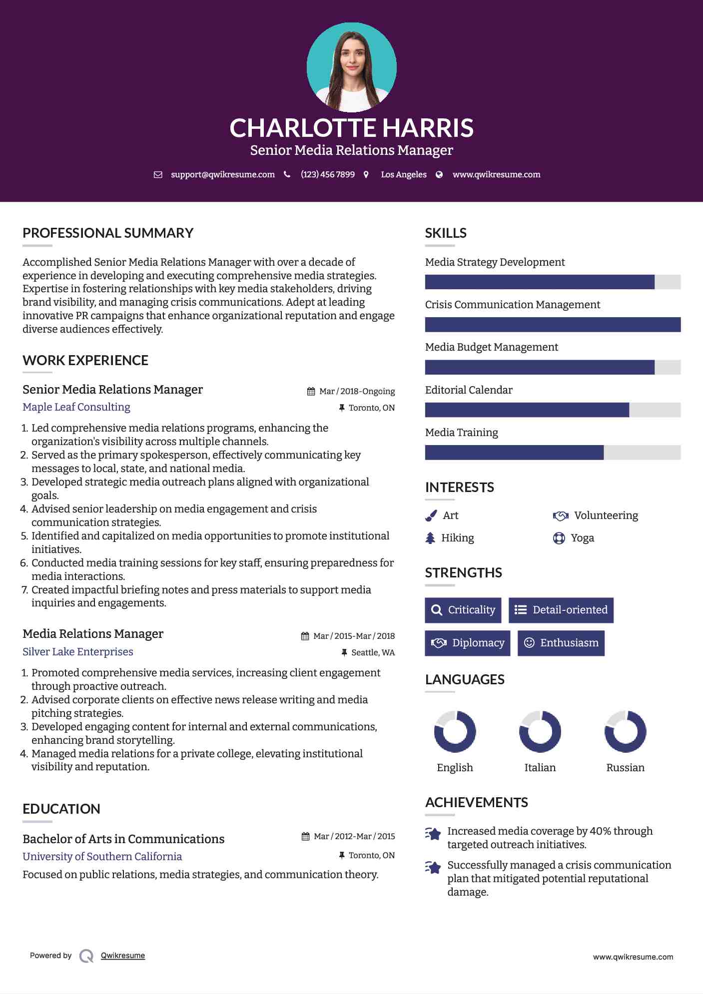 Senior Media Relations Manager Resume Model