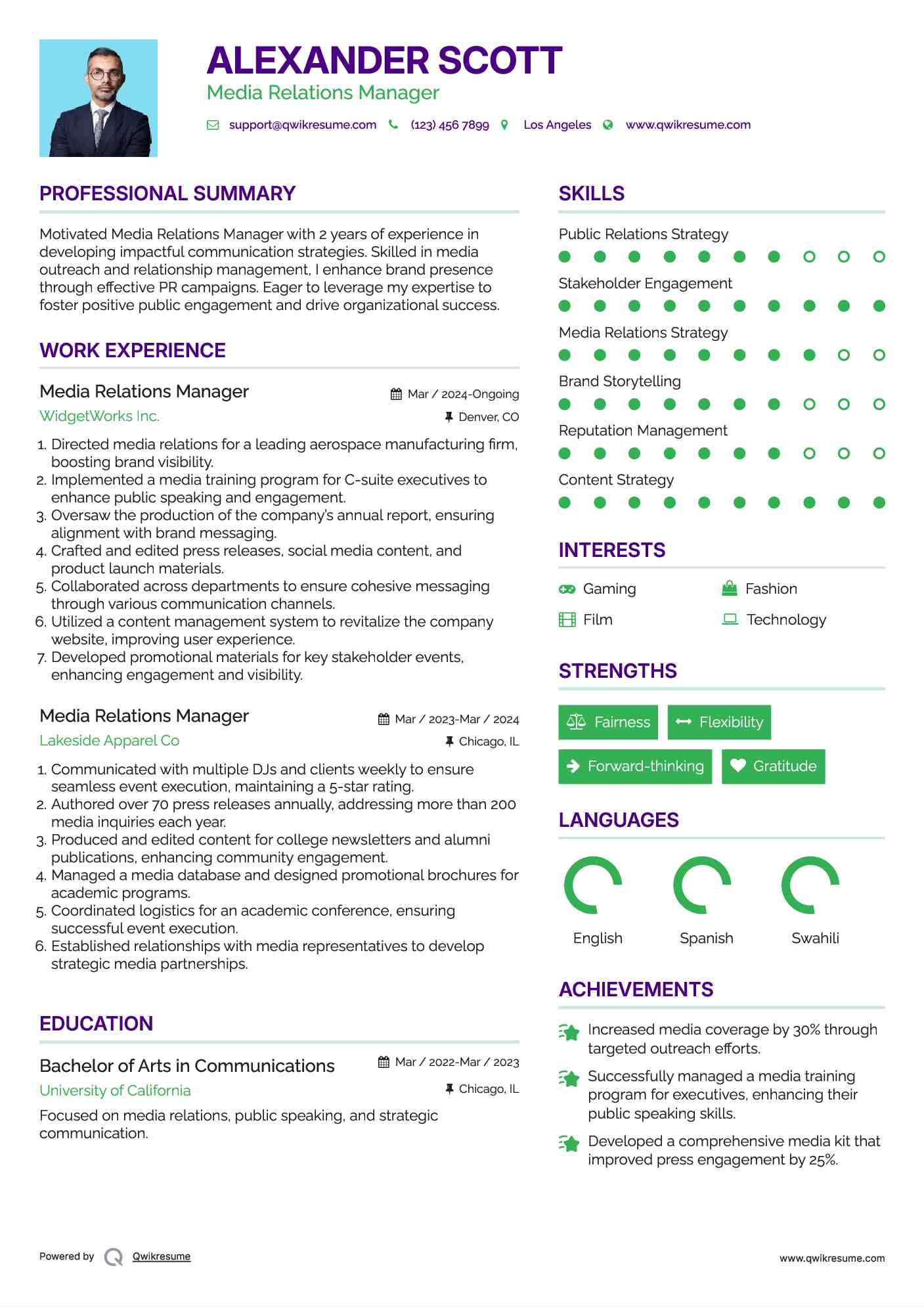 Media Relations Manager Resume Model