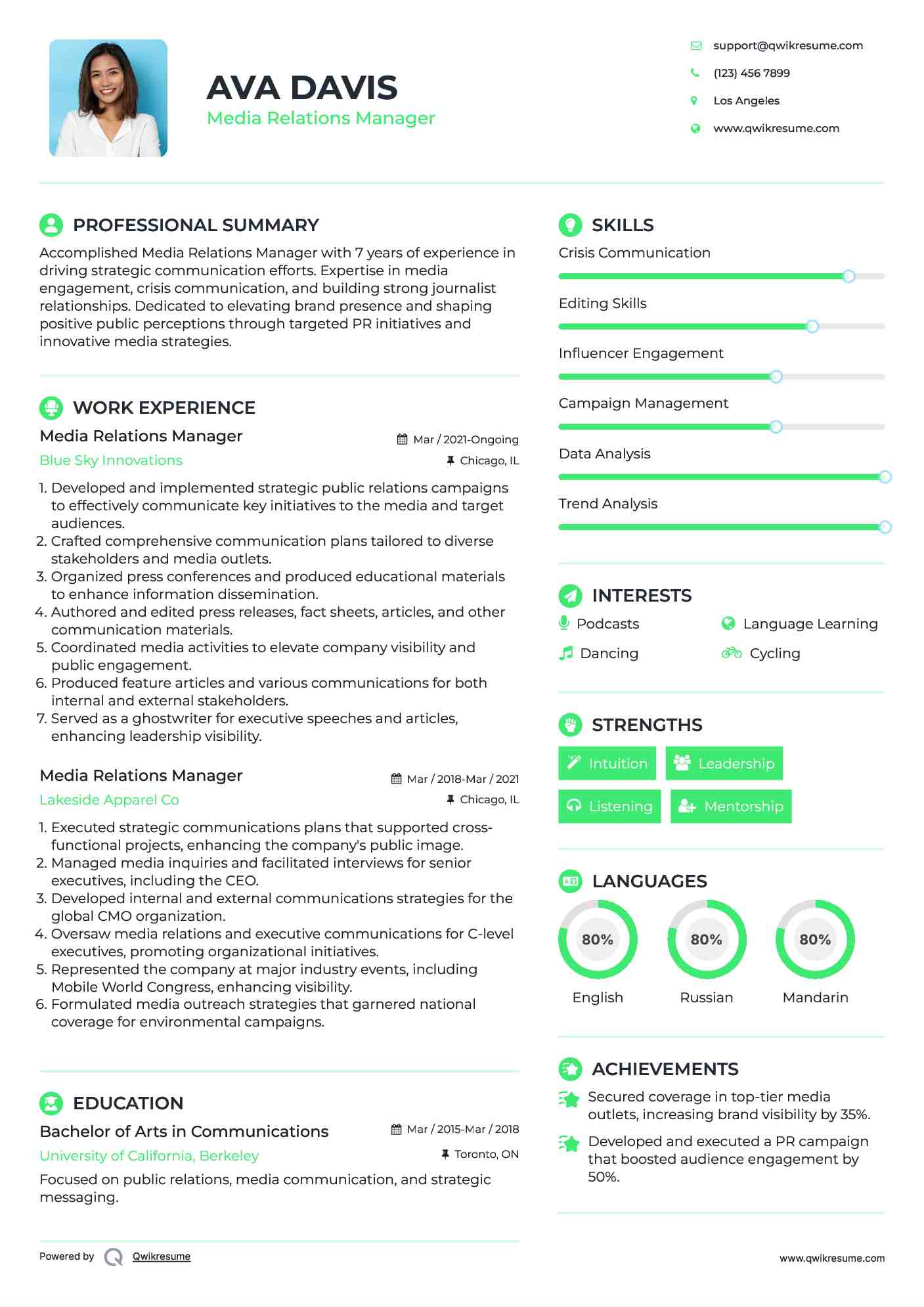 Media Relations Manager Resume Samples QwikResume