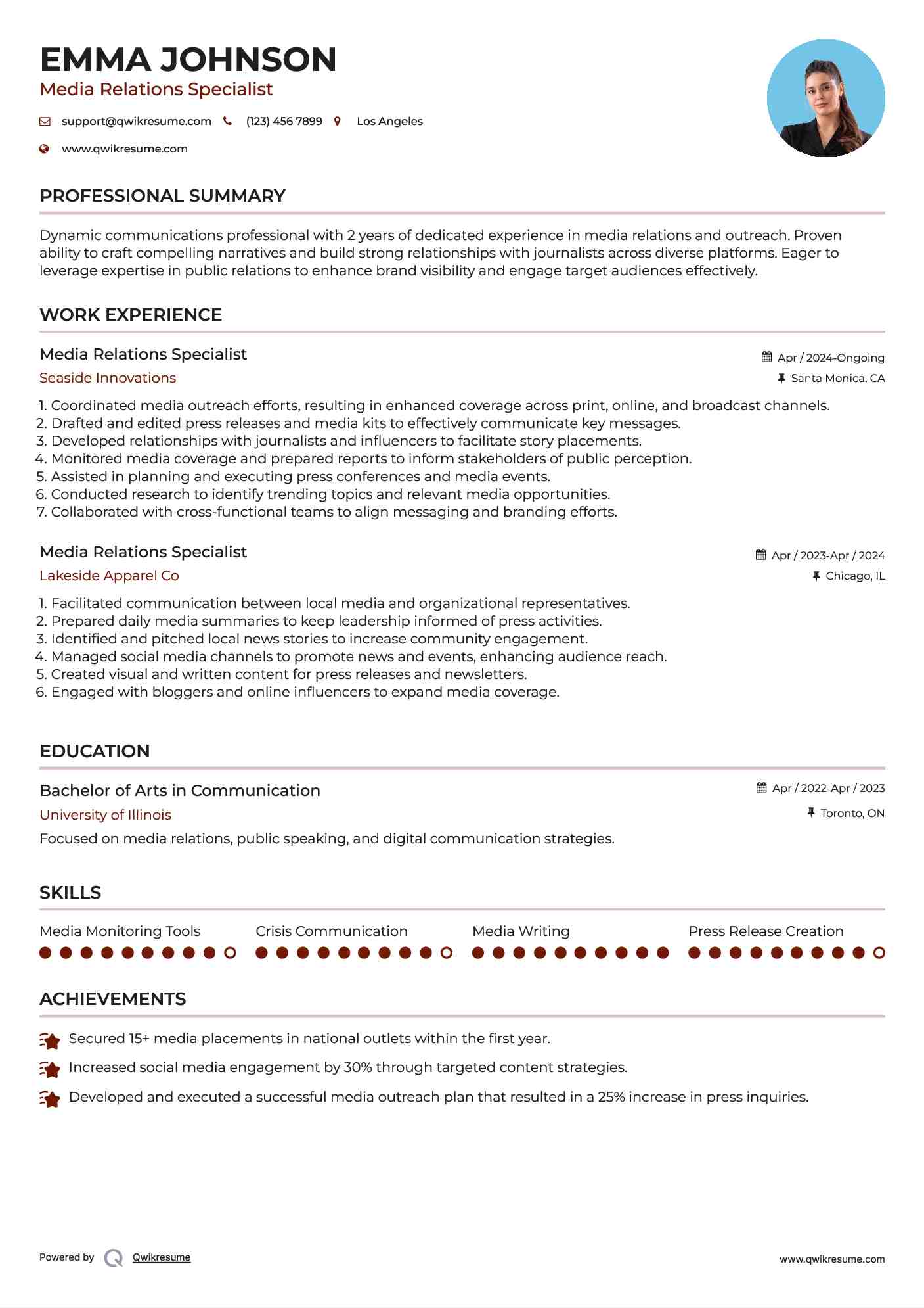 Media Relations Specialist Resume Format