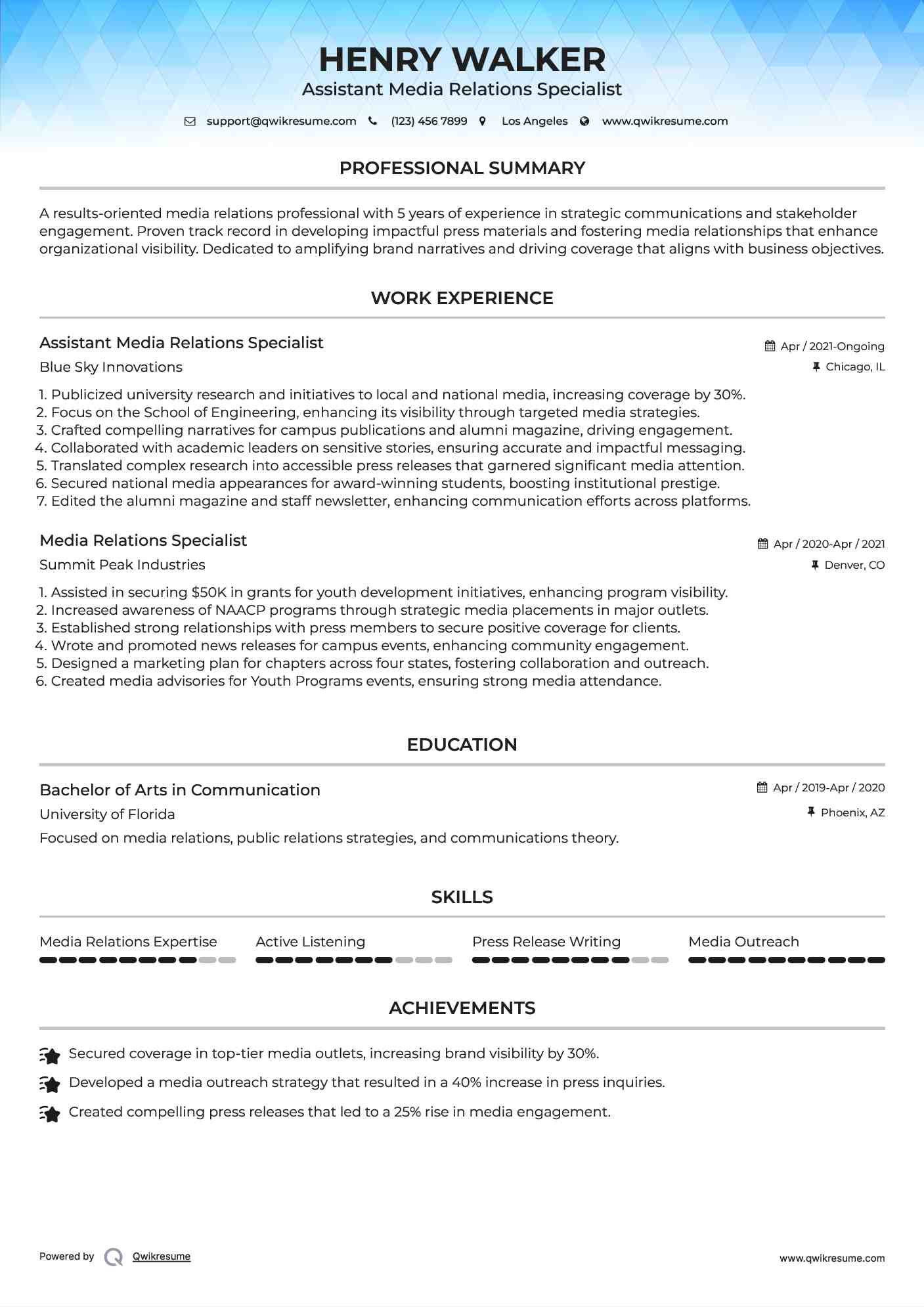 Assistant Media Relations Specialist Resume Sample