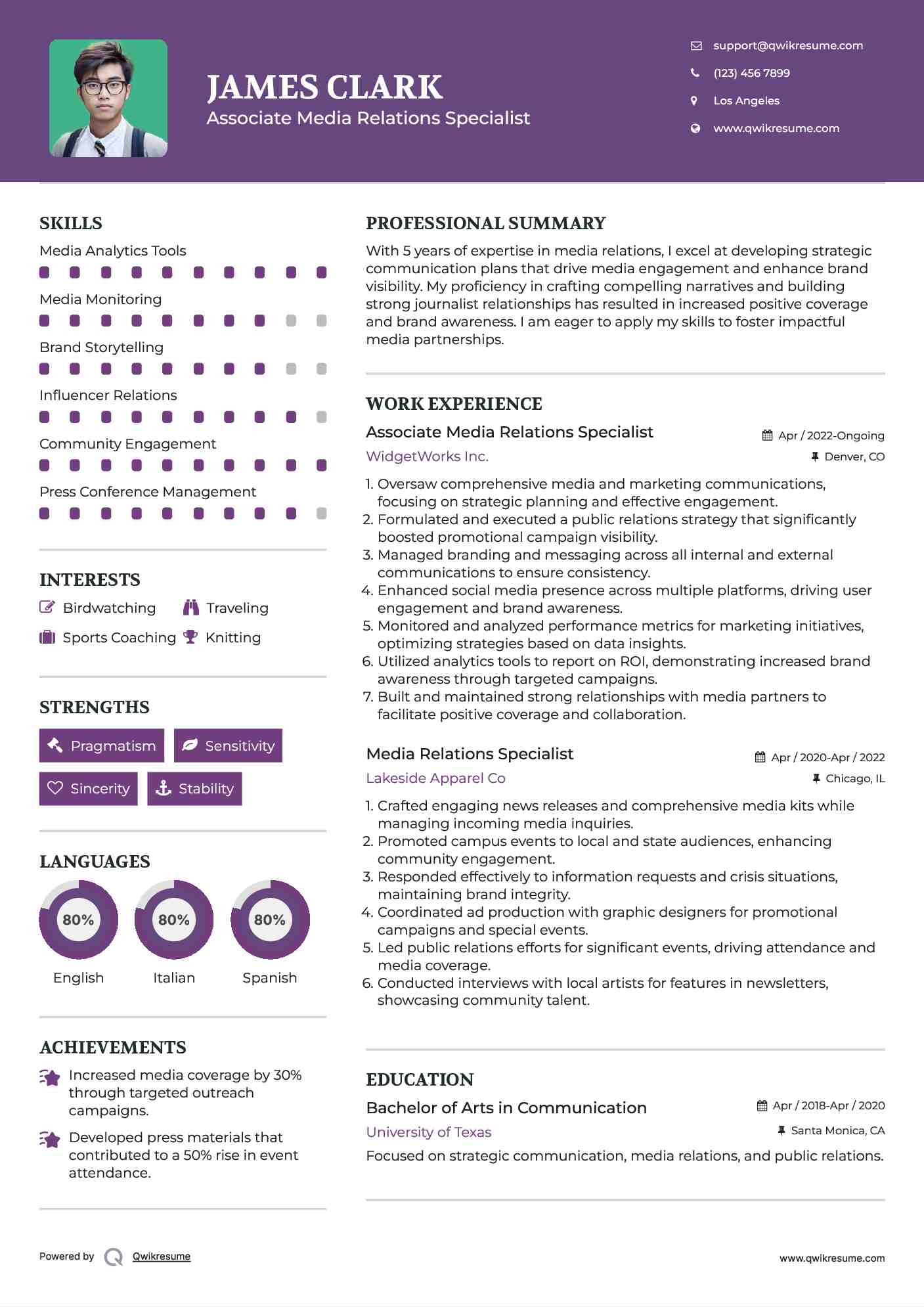Associate Media Relations Specialist Resume Example