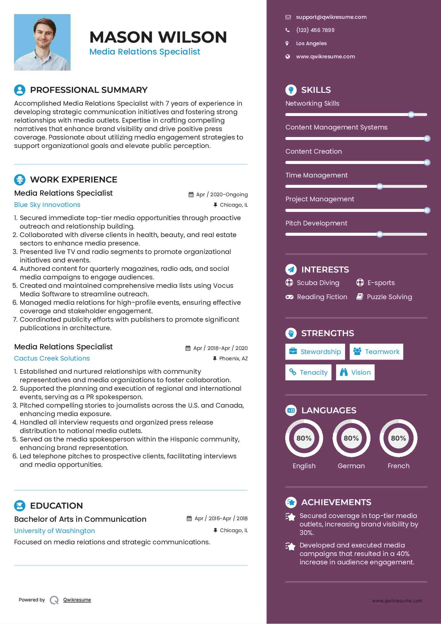 Media Relations Specialist Resume Sample