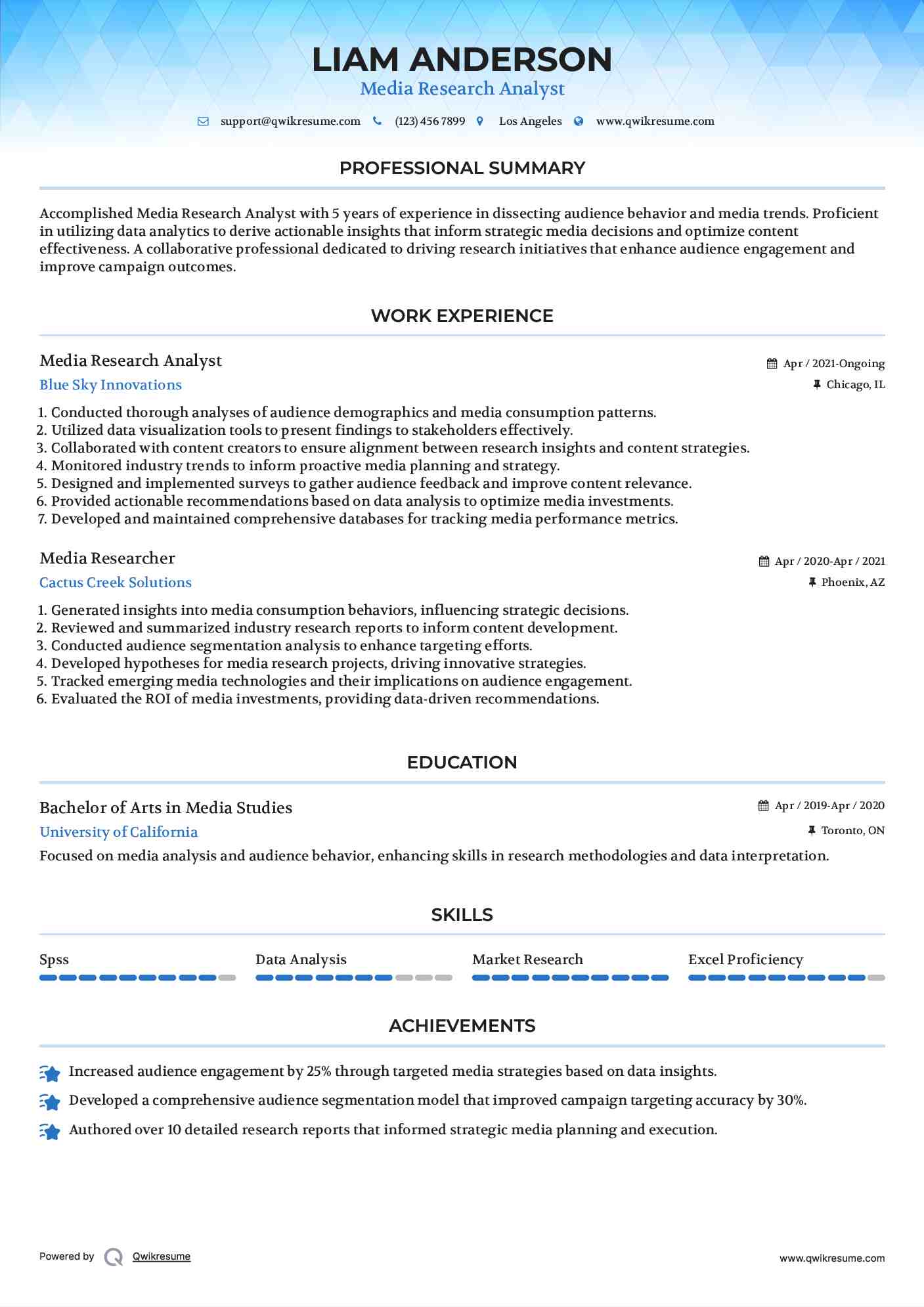Media Research Analyst Resume Sample
