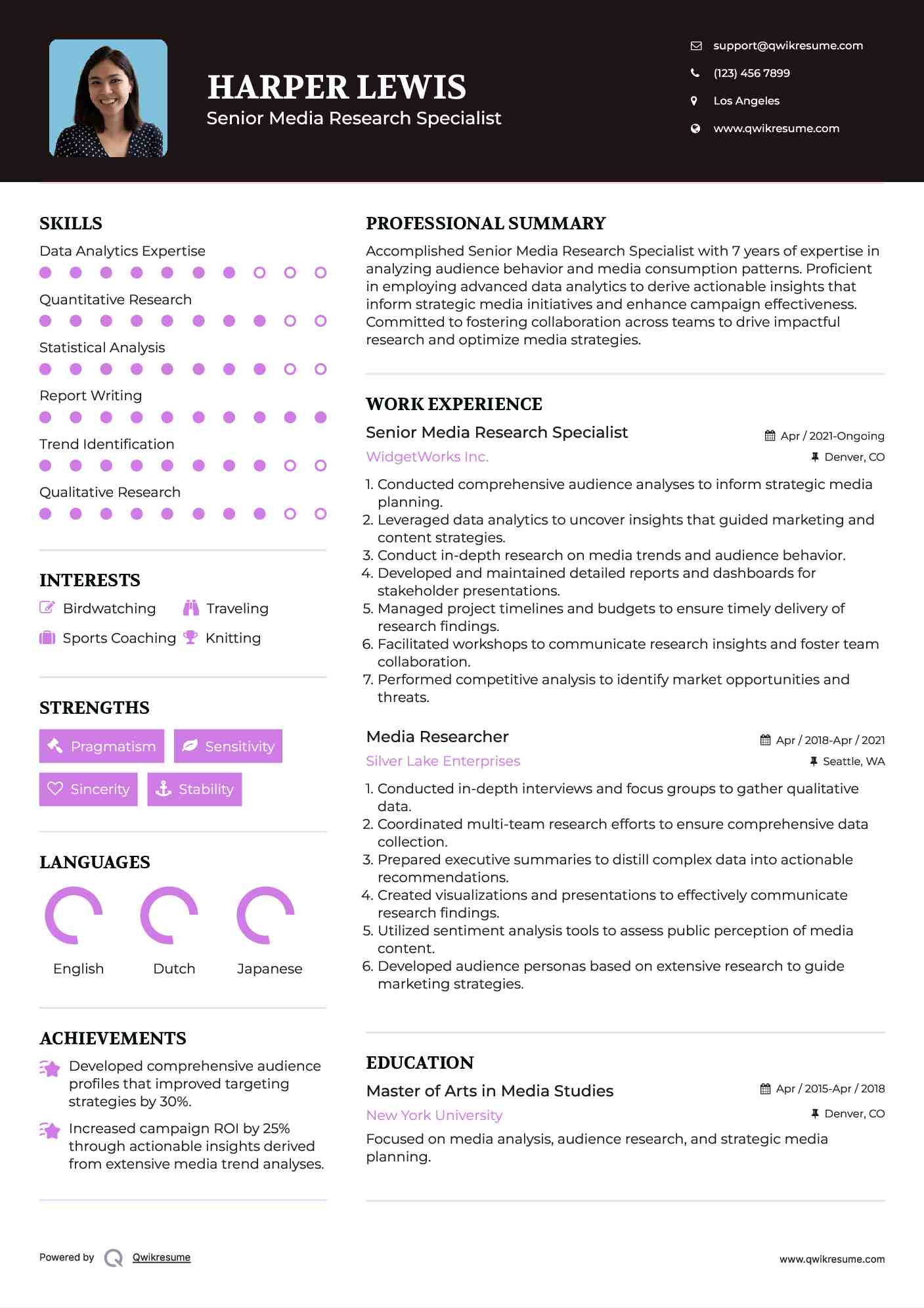 Senior Media Research Specialist Resume Example