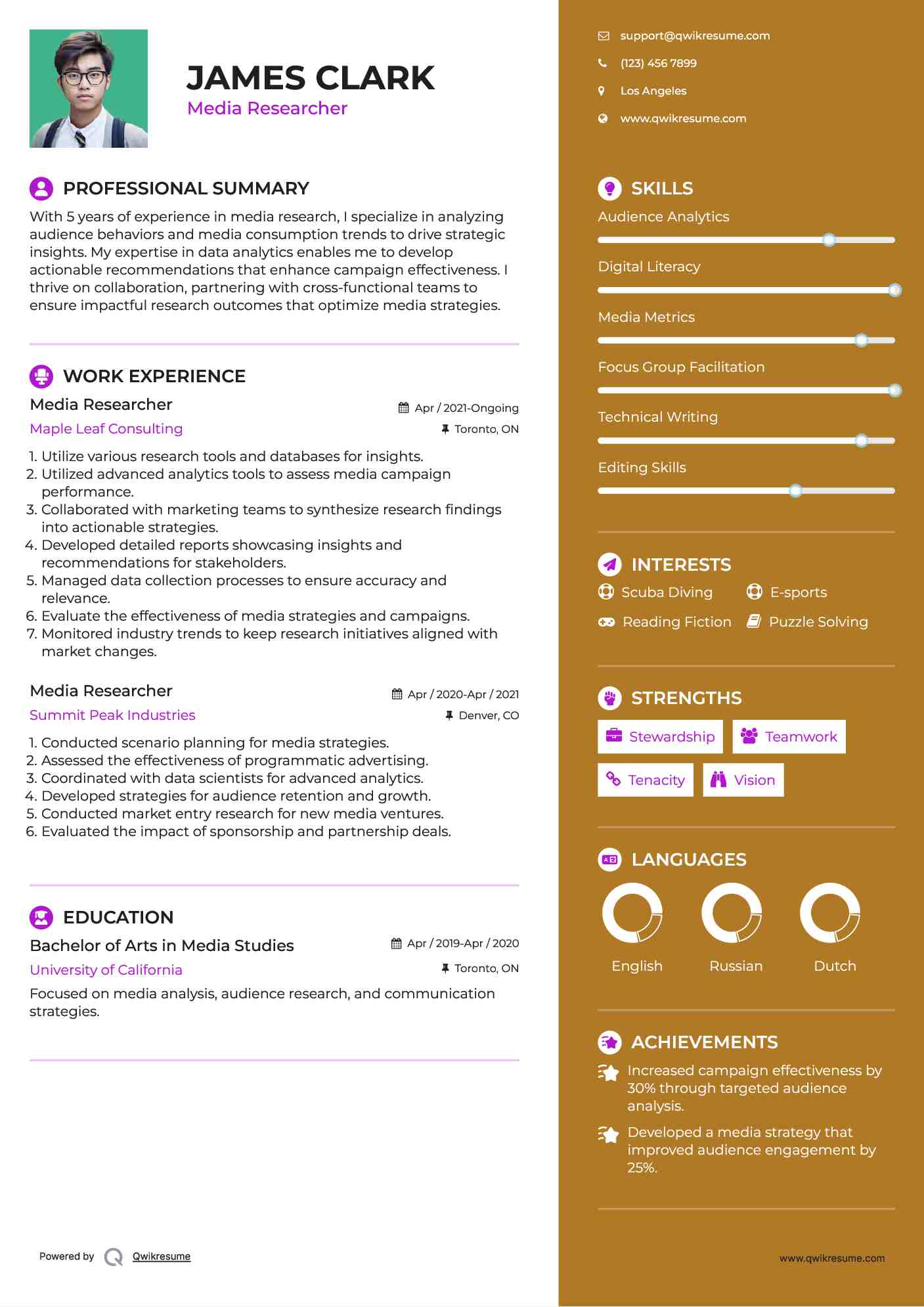 Media Researcher Resume Sample