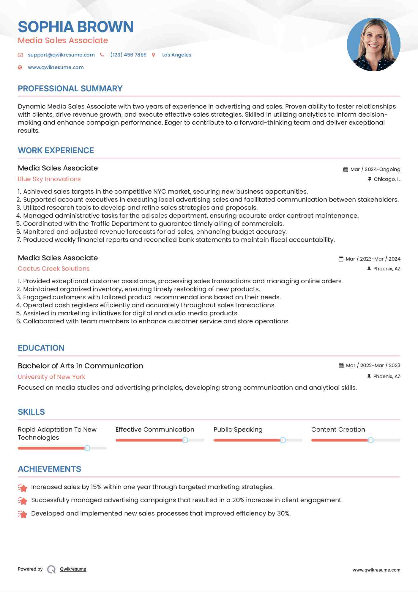 Media Sales Associate Resume Sample