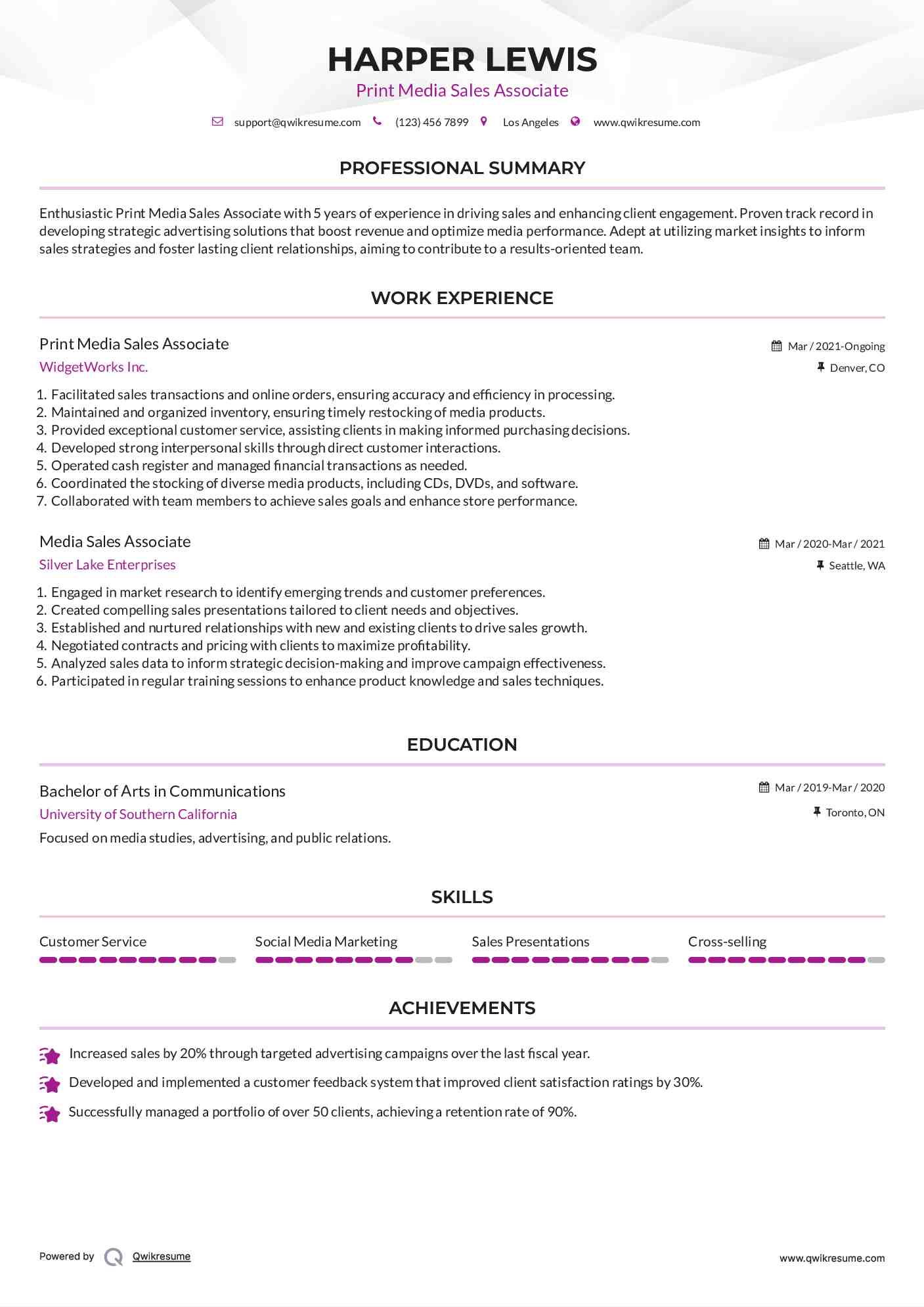 Print Media Sales Associate Resume Example