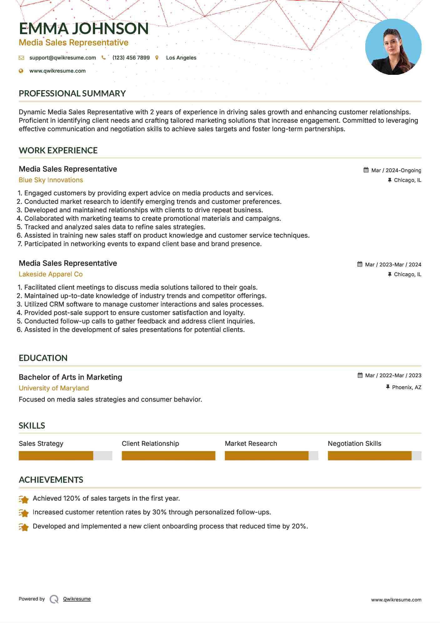 Media Sales Representative Resume Sample