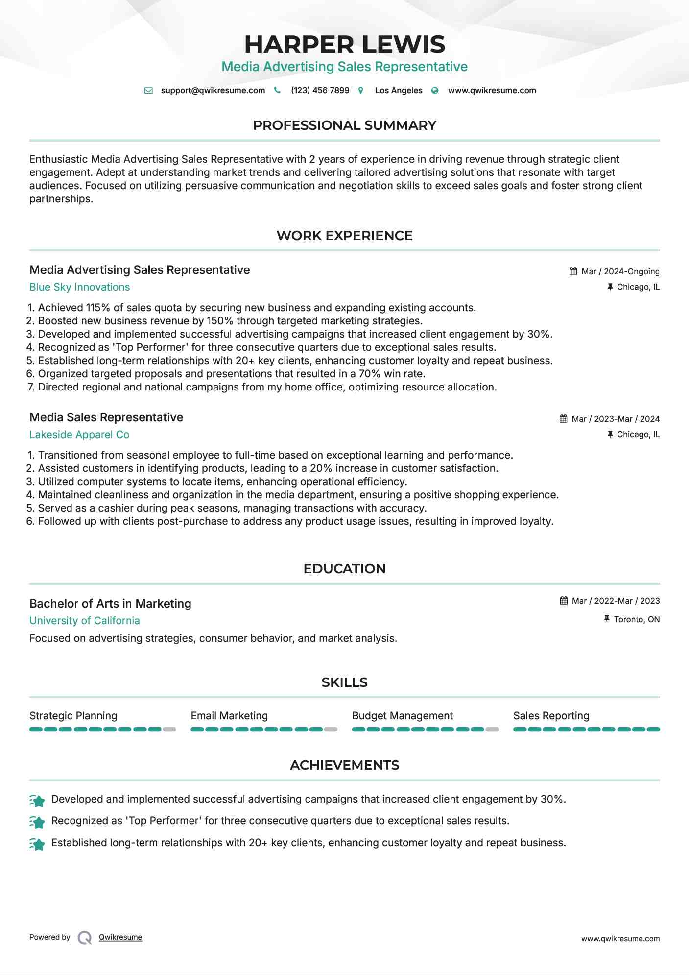 Media Advertising Sales Representative Resume Example
