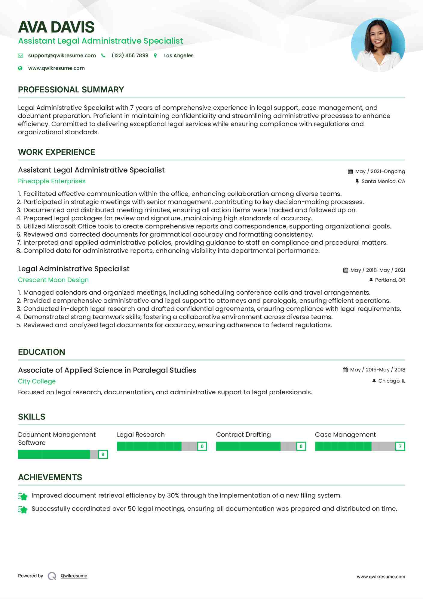 Assistant Legal Administrative Specialist Resume Sample