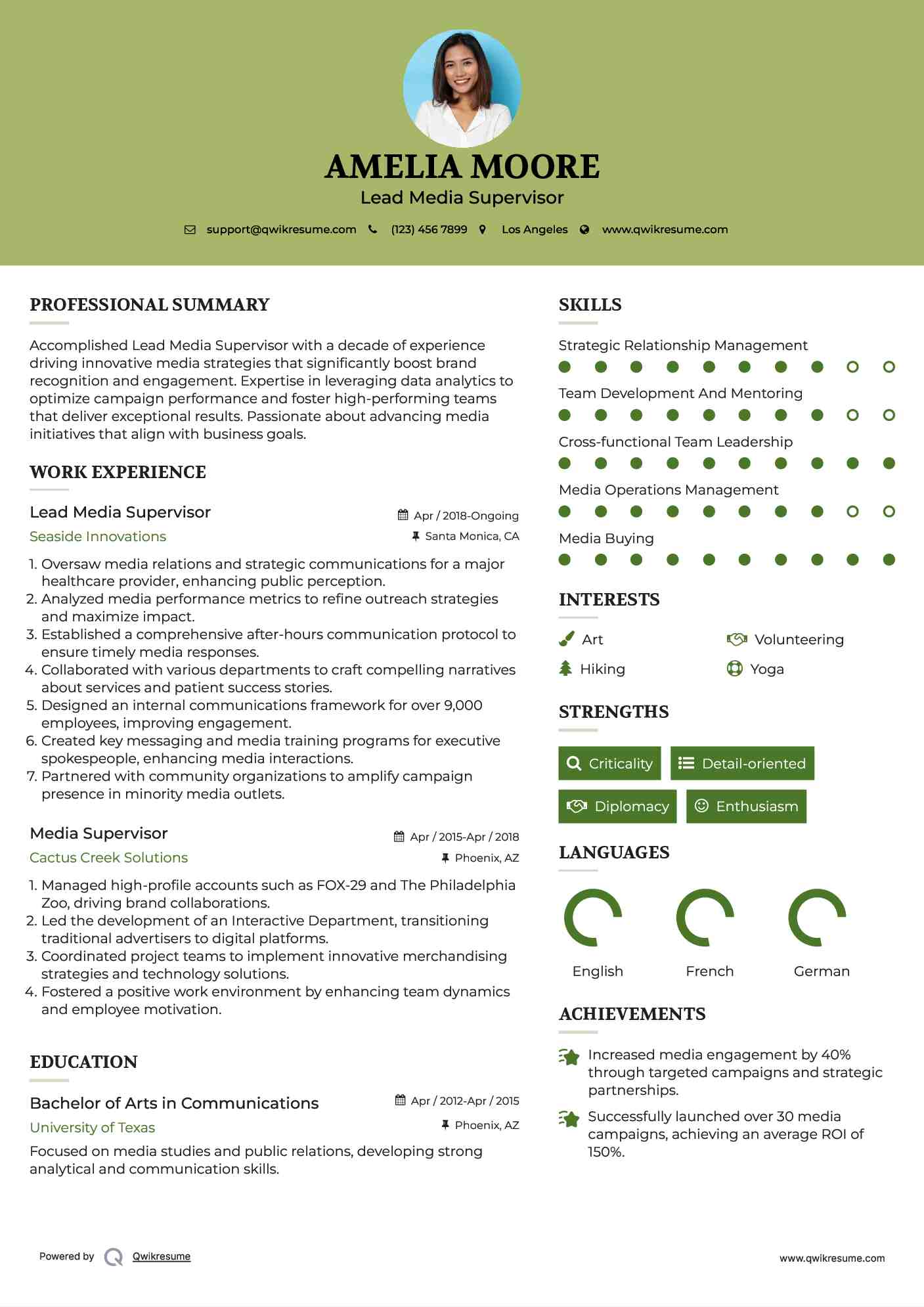 Lead Media Supervisor Resume Format