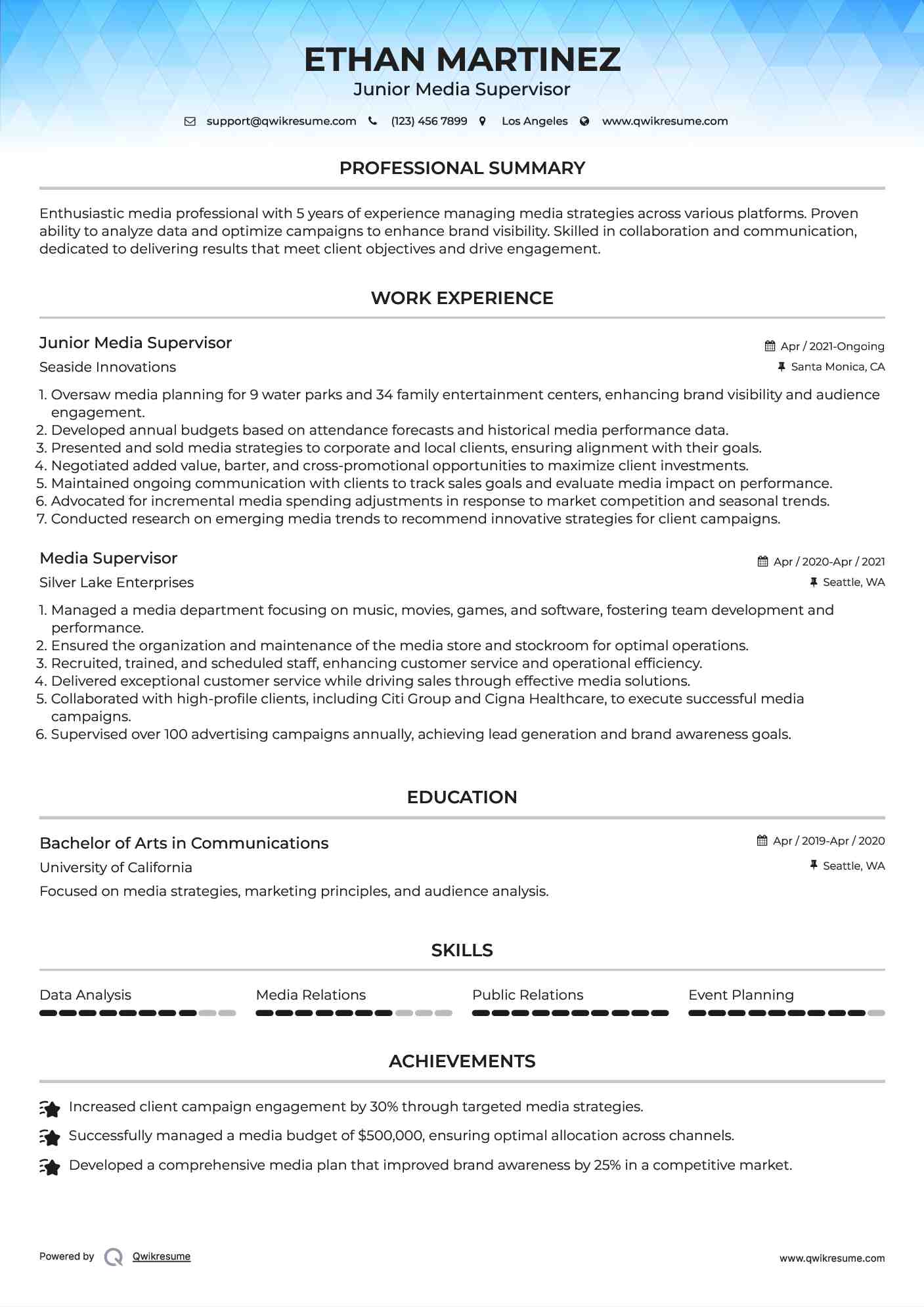 Junior Media Supervisor Resume Model