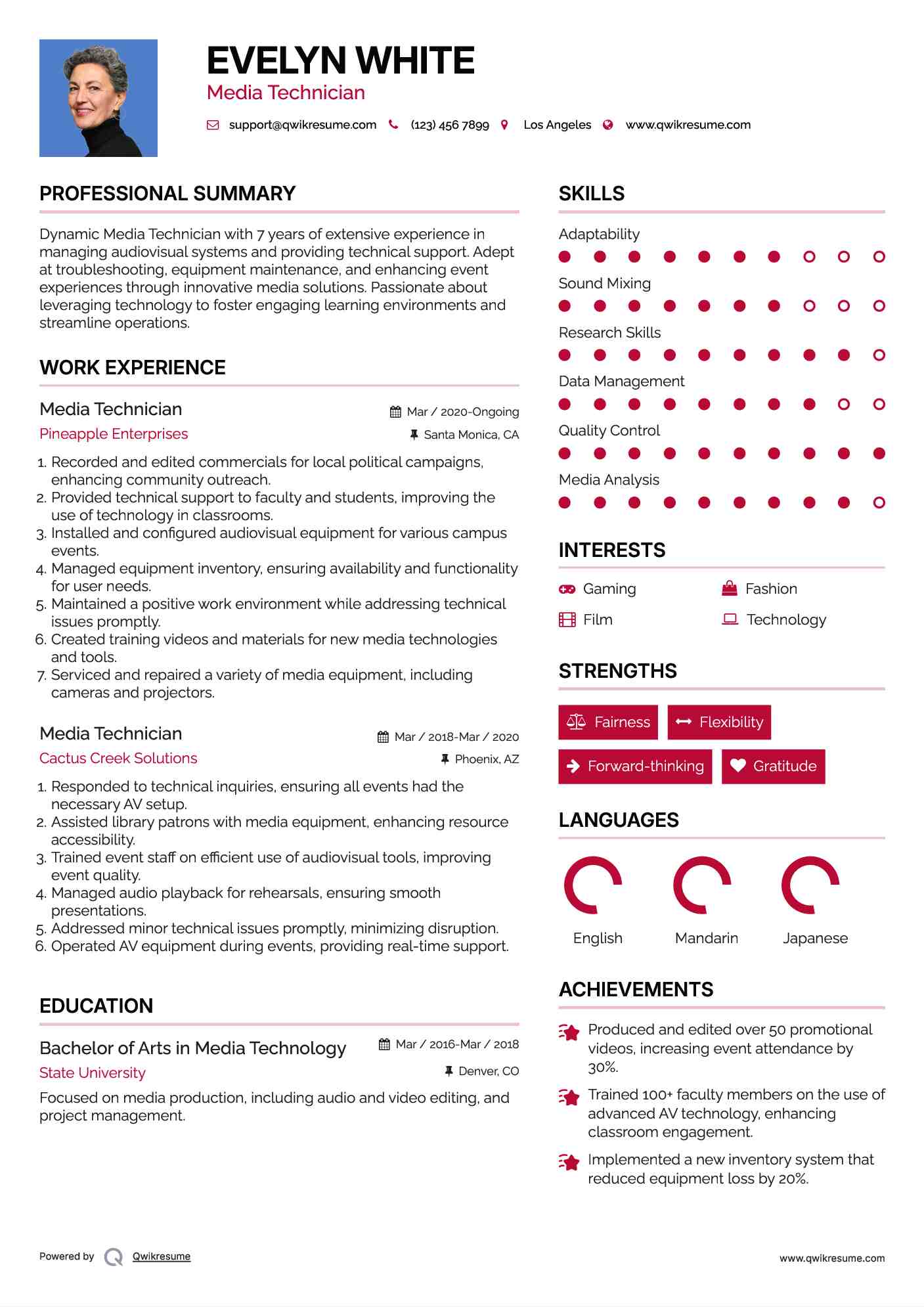 Media Technician Resume Sample