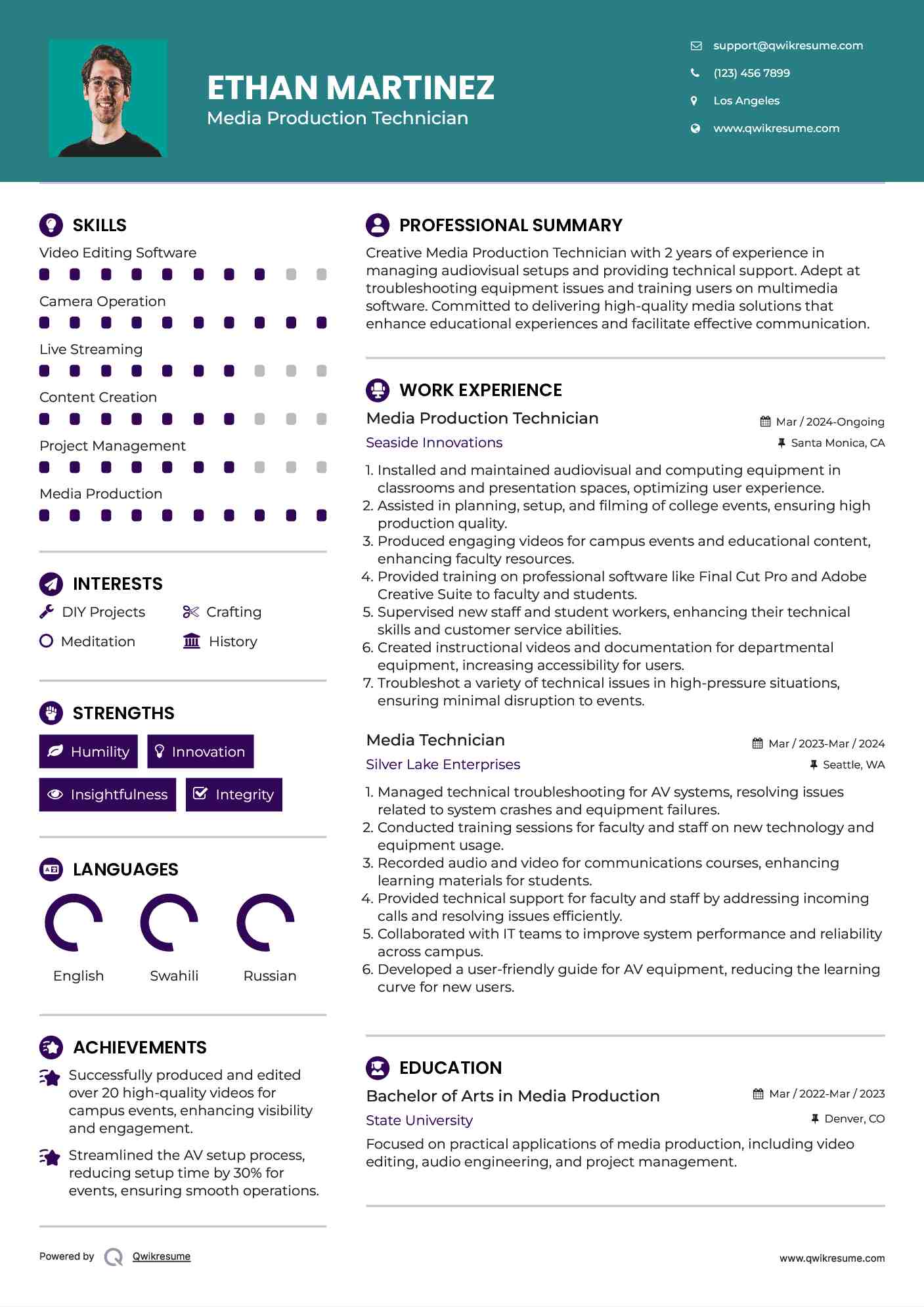 Media Production Technician Resume Template