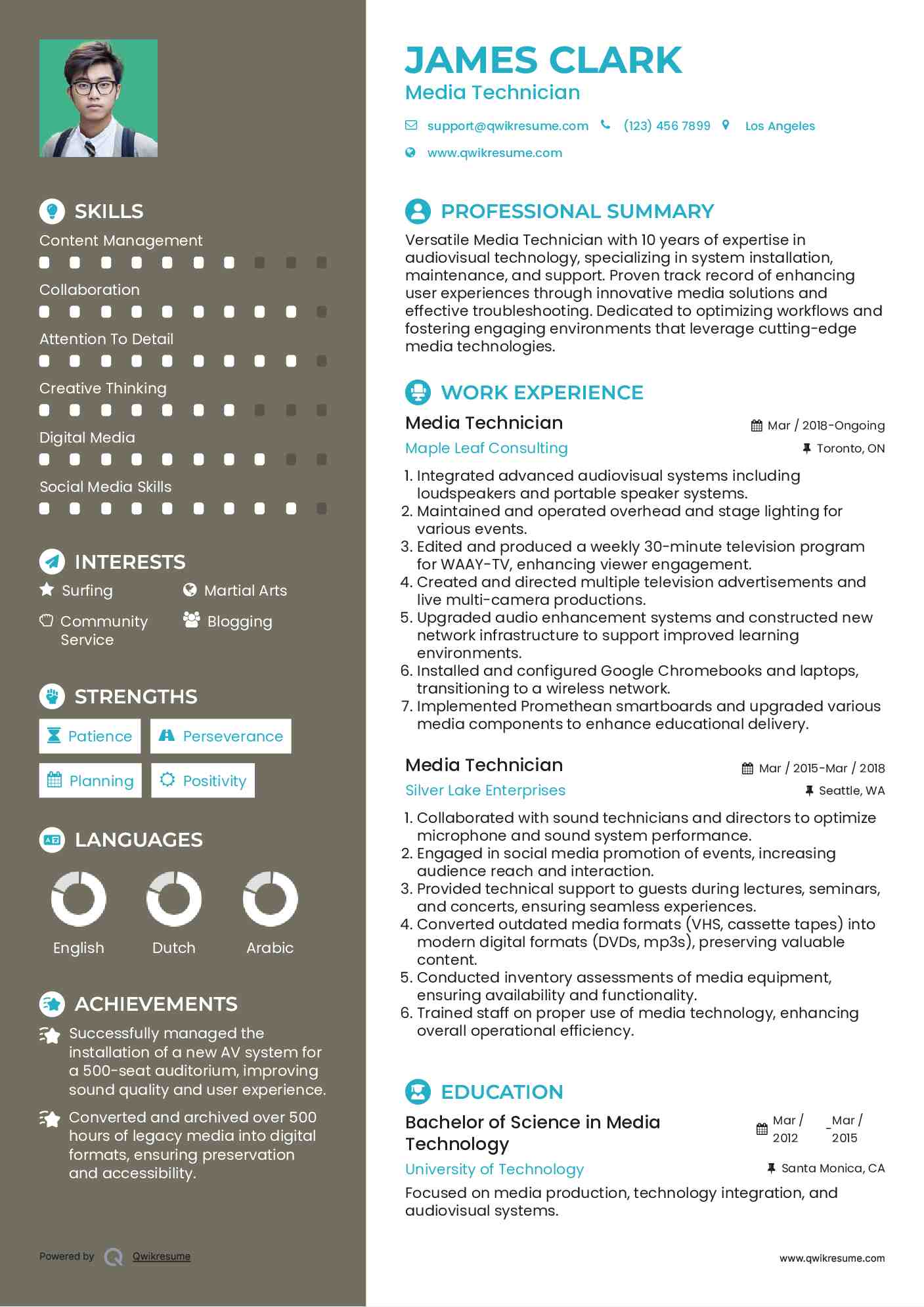 Media Technician Resume Sample