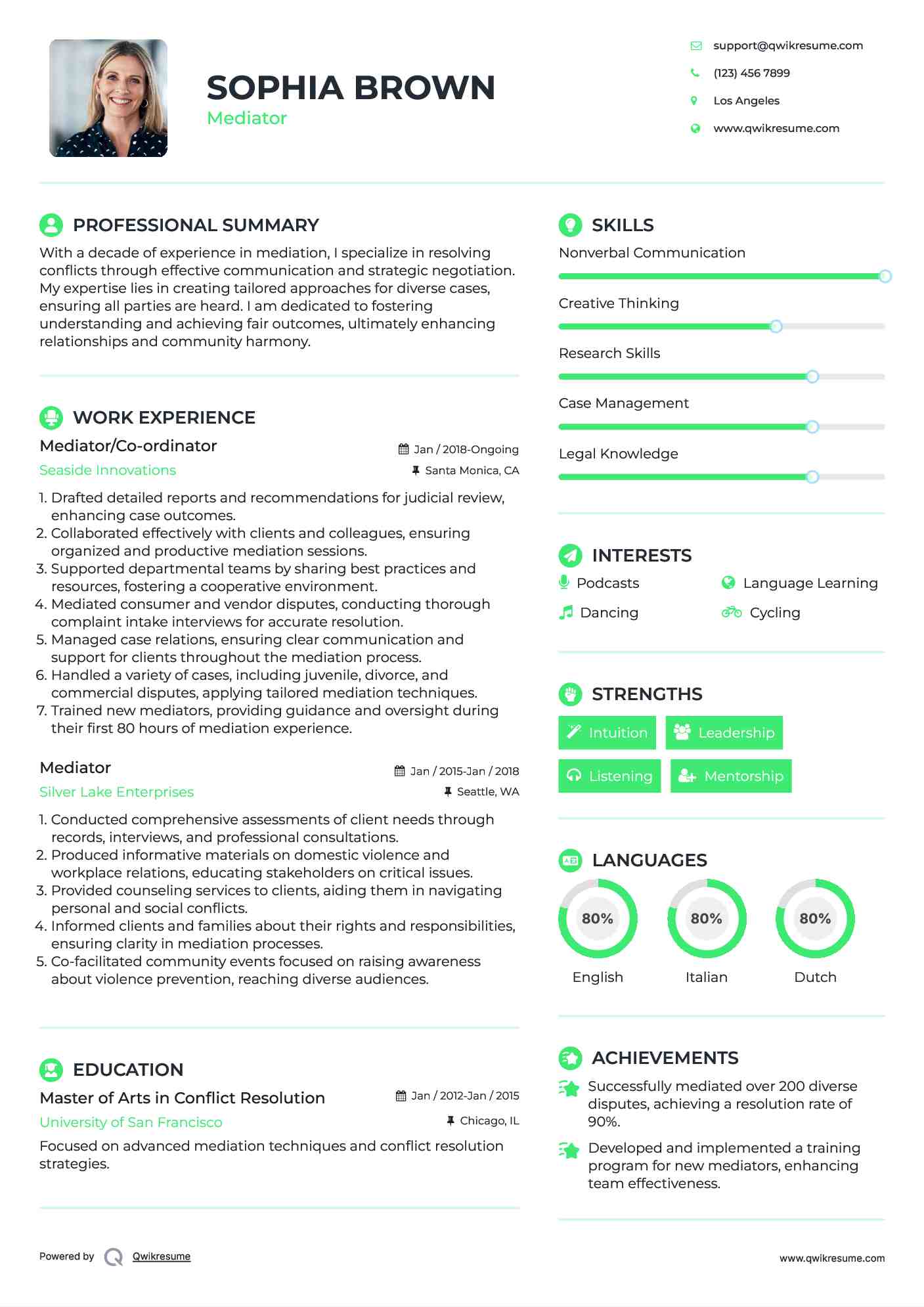 Mediator/Co-ordinator Resume Example