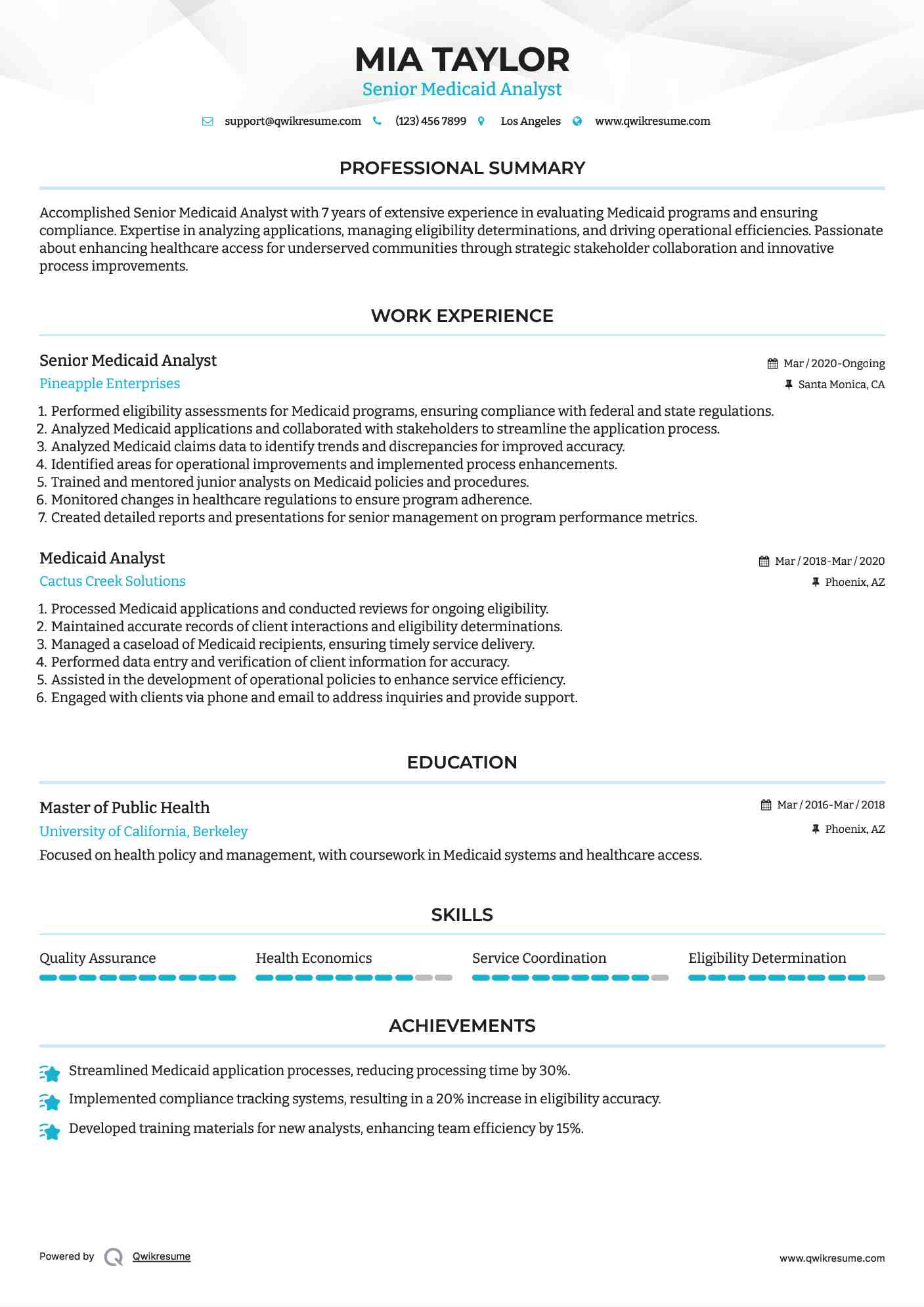 Senior Medicaid Analyst Resume Format