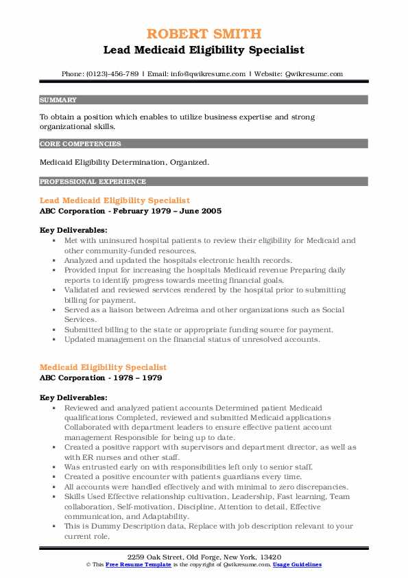Medicaid Eligibility Specialist Resume Samples QwikResume