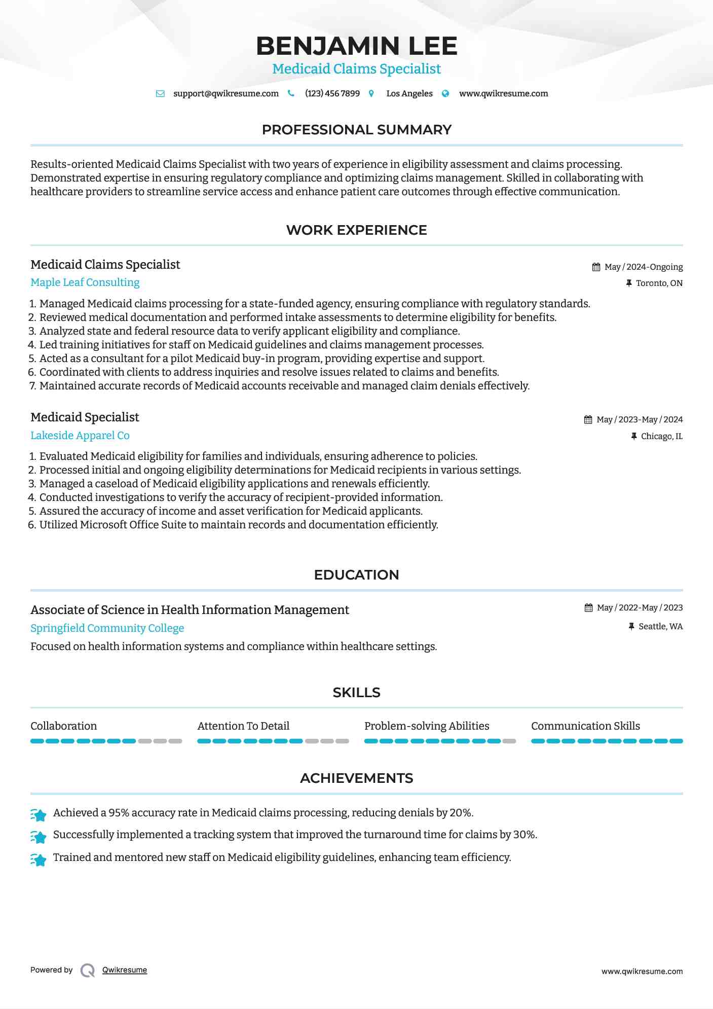 Medicaid Claims Specialist Resume Template