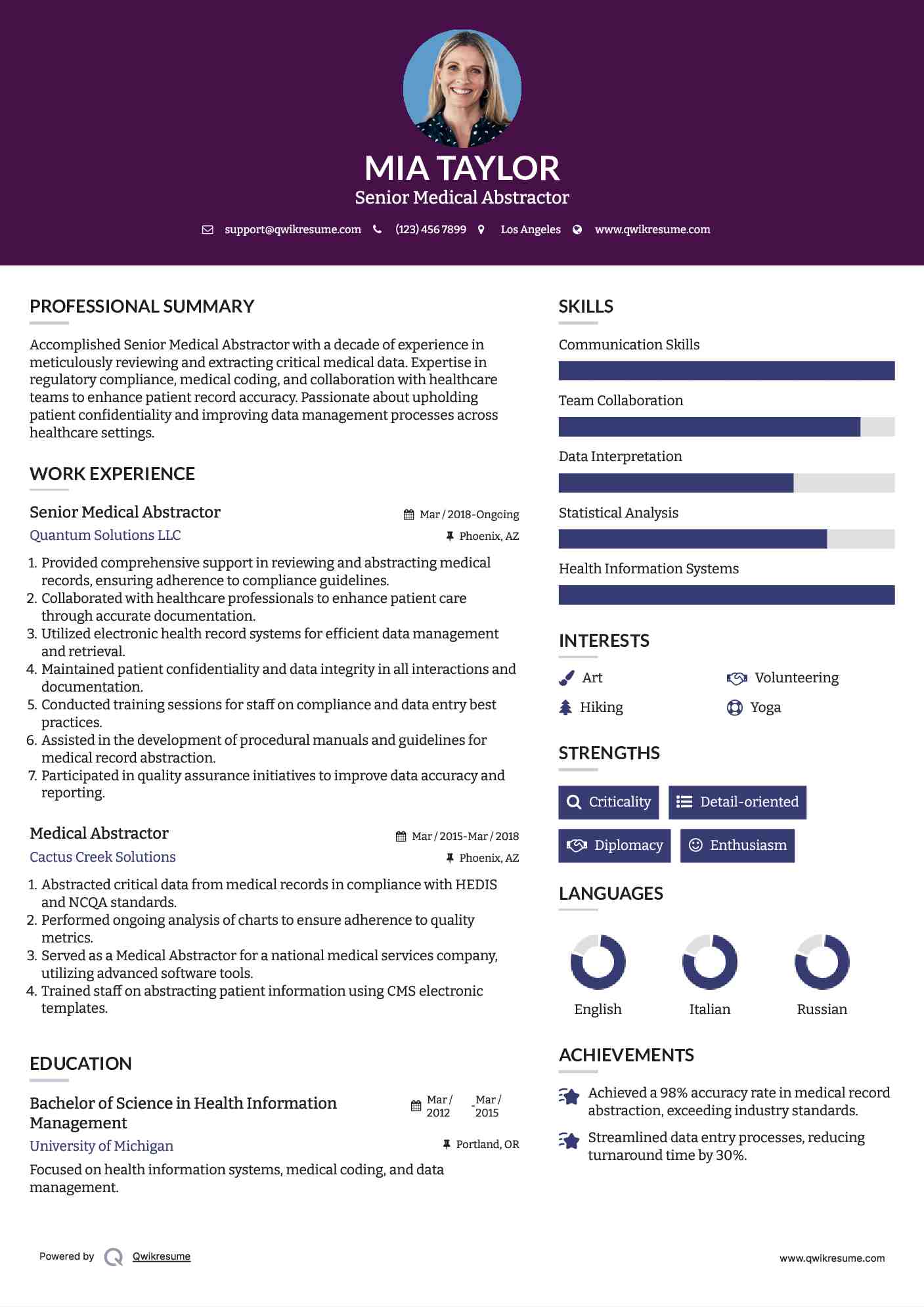 Senior Medical Abstractor Resume Sample
