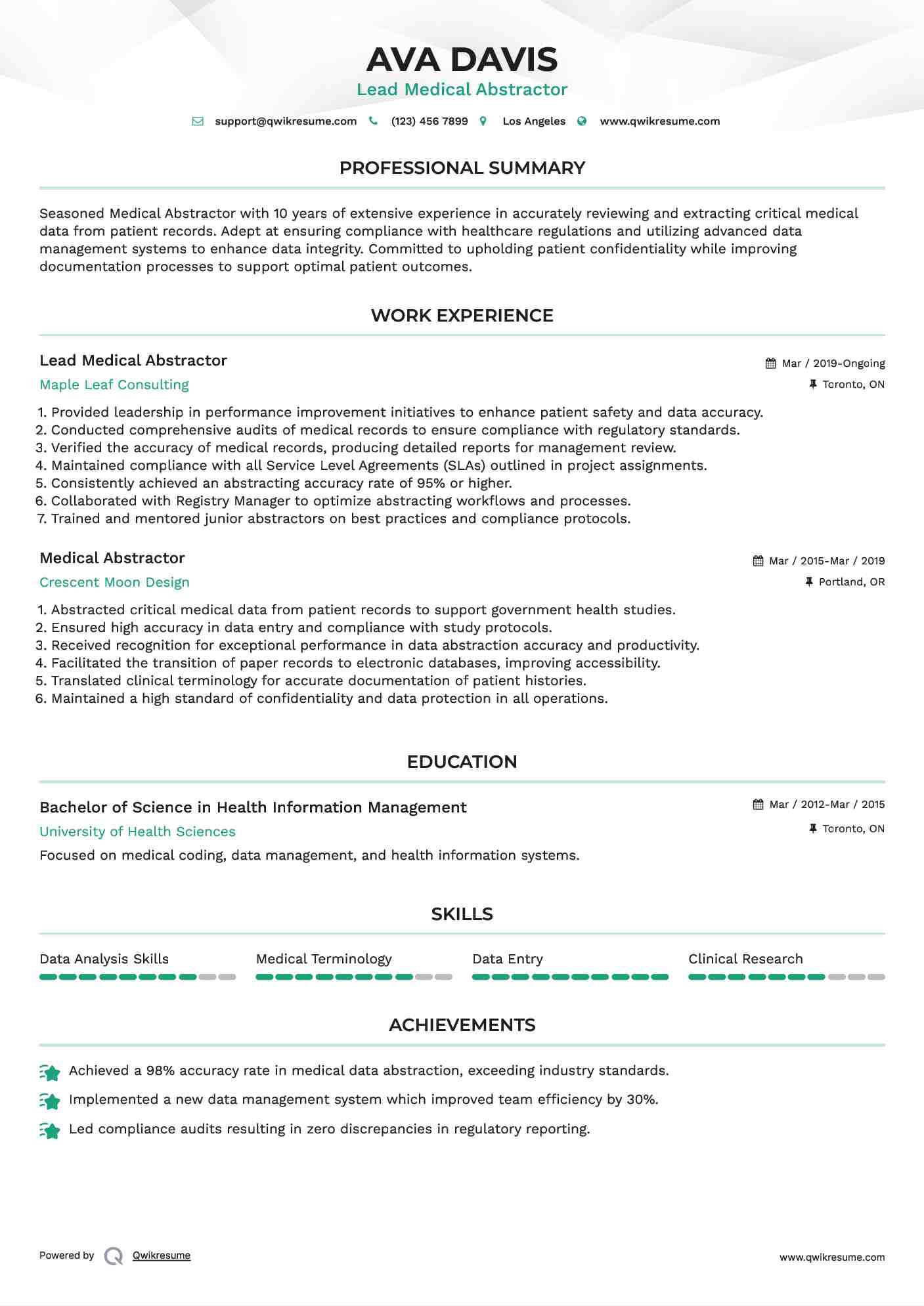 Lead Medical Abstractor Resume Format